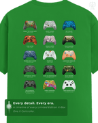 Detailed back graphic of LUUM tee showing timeline of Limited Edition Xbox Series X controllers. Part of DailyPrints Collection. Belief. Woven and Worn.
