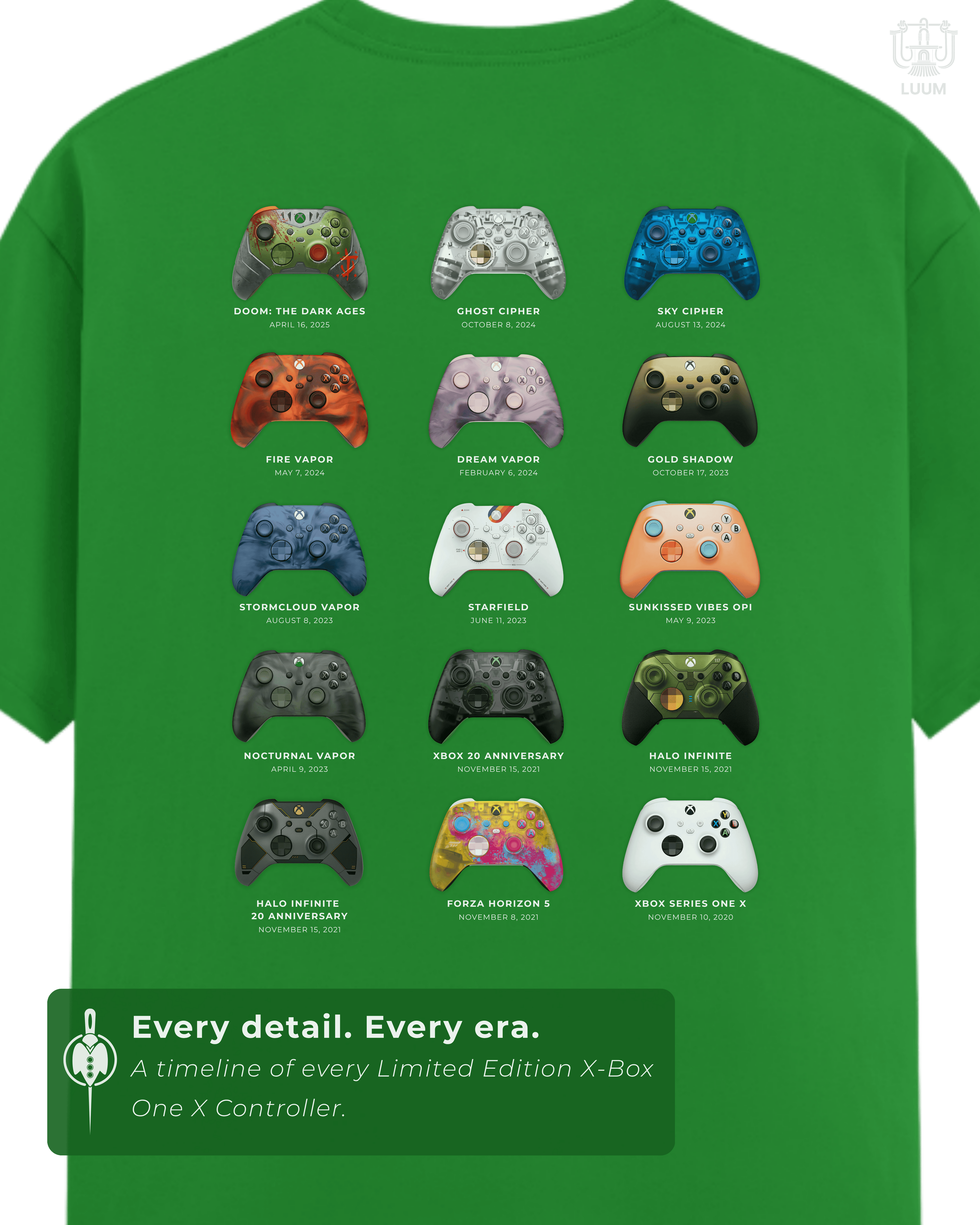 Detailed back graphic of LUUM tee showing timeline of Limited Edition Xbox Series X controllers. Part of DailyPrints Collection. Belief. Woven and Worn.