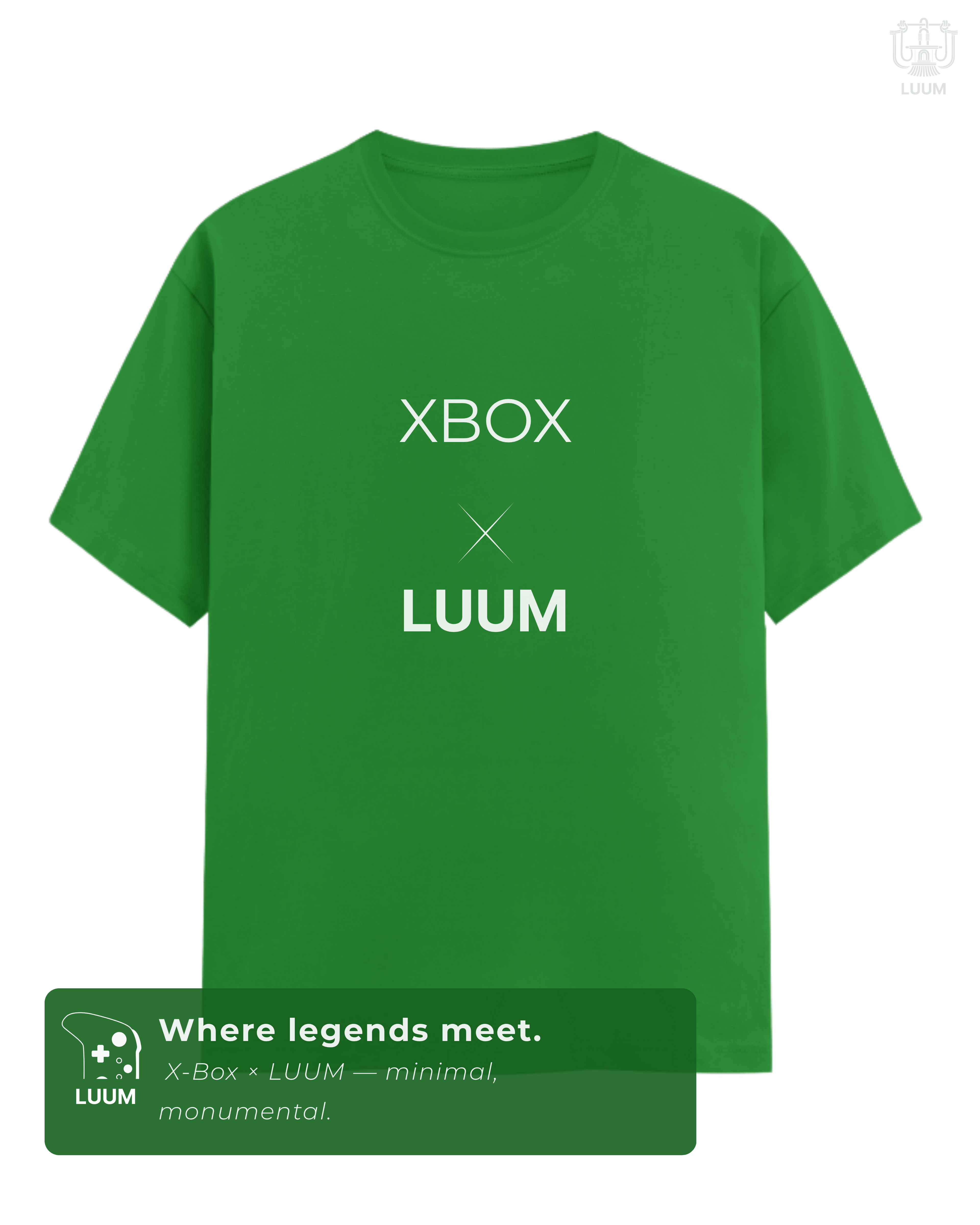 Minimalist front design of Xbox Series X × LUUM tee with bold logo placement. Part of DailyPrints Collection. Belief. Woven and Worn.