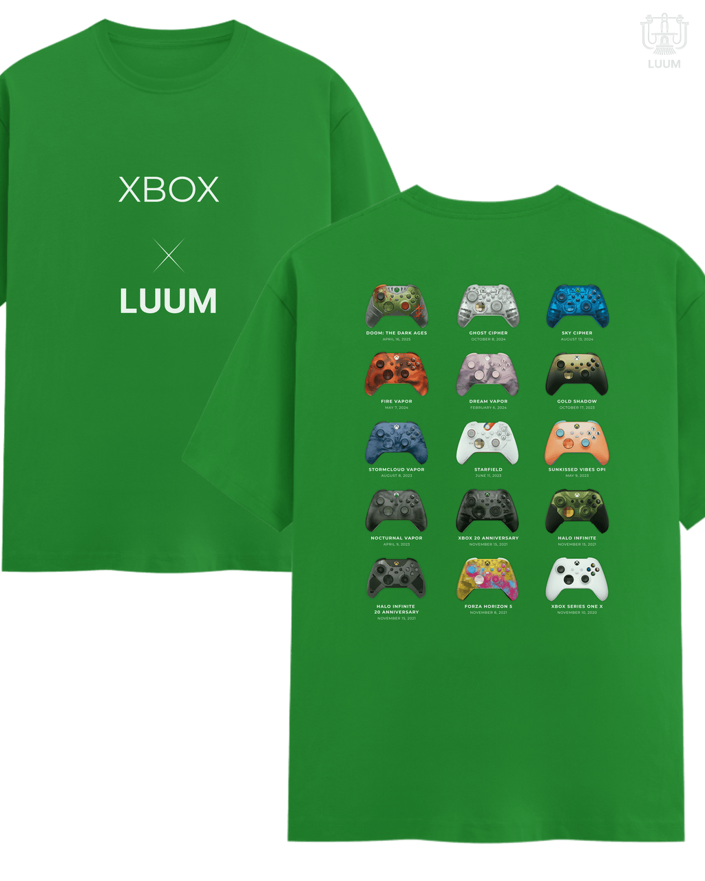 Close-up hero view of LUUM × Xbox Series X green t-shirt showcasing premium cotton and minimal front design. Part of DailyPrints Collection. Belief. Woven and Worn.