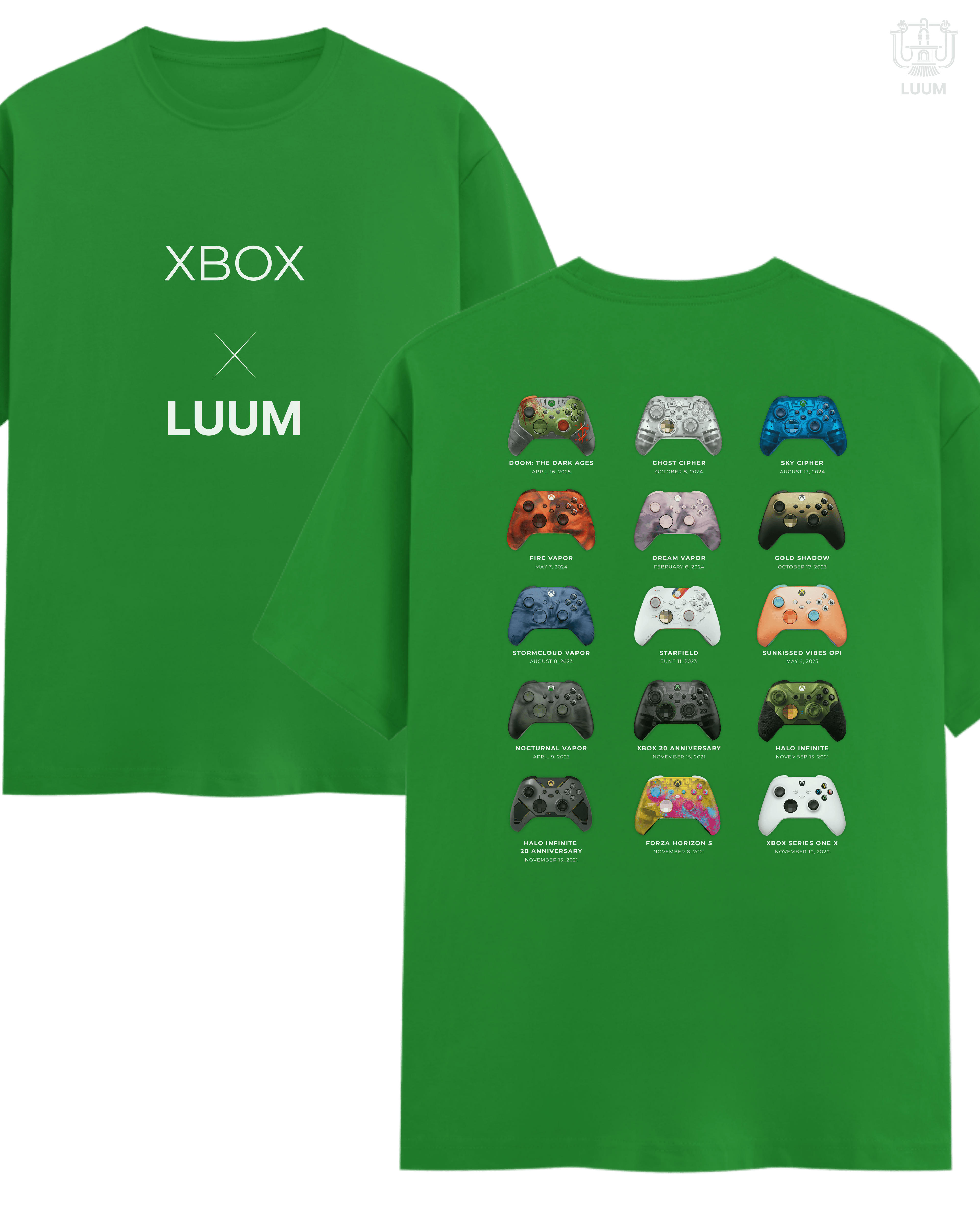 Close-up hero view of LUUM × Xbox Series X green t-shirt showcasing premium cotton and minimal front design. Part of DailyPrints Collection. Belief. Woven and Worn.