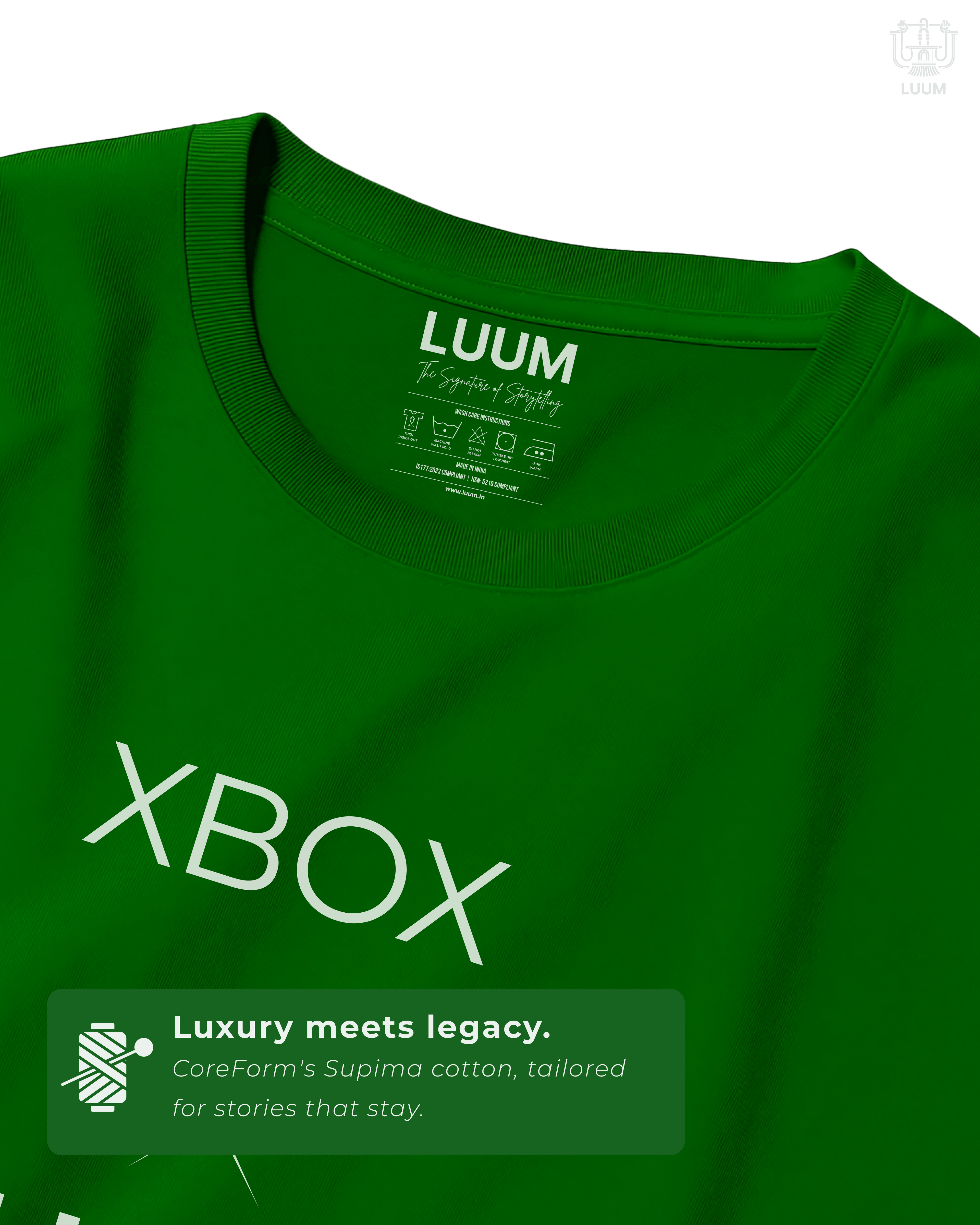 Fabric close-up of green Xbox Series X tee highlighting LUUM’s Supima cotton texture and printed tag detail. Part of DailyPrints Collection. Belief. Woven and Worn.