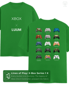 Front and back view of LUUM’s Xbox Series X tee featuring Limited Edition controller timeline graphic. Part of DailyPrints Collection. Belief. Woven and Worn.