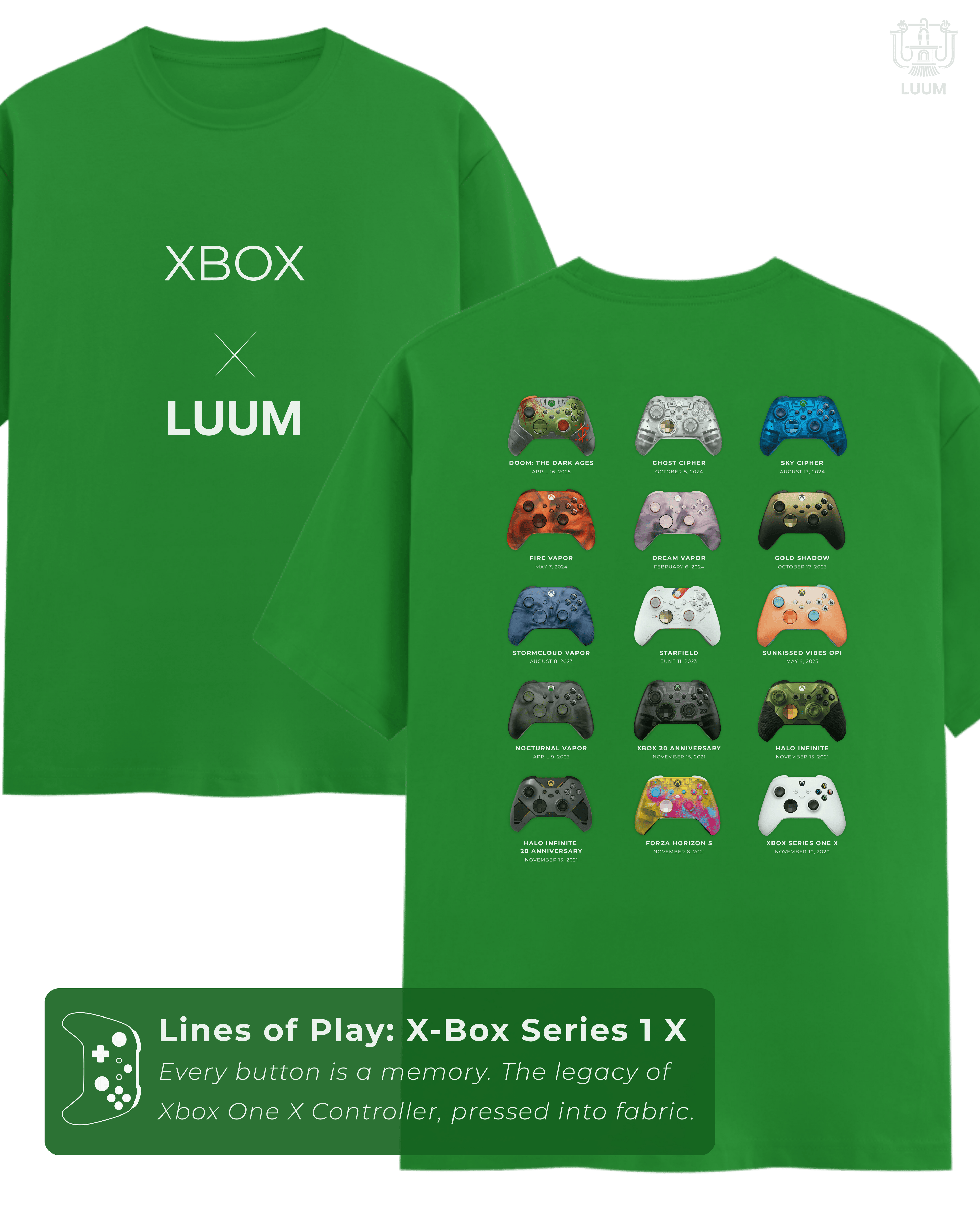 Front and back view of LUUM’s Xbox Series X tee featuring Limited Edition controller timeline graphic. Part of DailyPrints Collection. Belief. Woven and Worn.