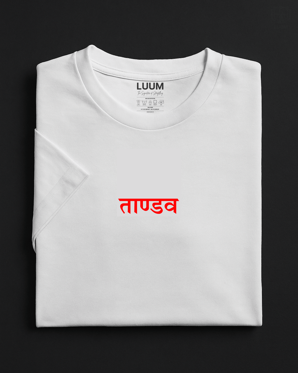 LUUM's Tandav regular fit t-shirt in white SUPIMA cotton, lightweight 180 GSM, bold red Sanskrit script. Part of Threadmark Collection. Belief. Woven and Worn.