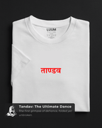 Folded white LUUM's Tandav t-shirt featuring bold red Sanskrit script, crafted in premium cotton. Part of Threadmark Collection. Belief. Woven and Worn.