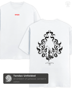 White LUUM's Tandav t-shirt front view with striking red Sanskrit typography, symbolizing defiance and rhythm. Part of Threadmark Collection. Belief. Woven and Worn.