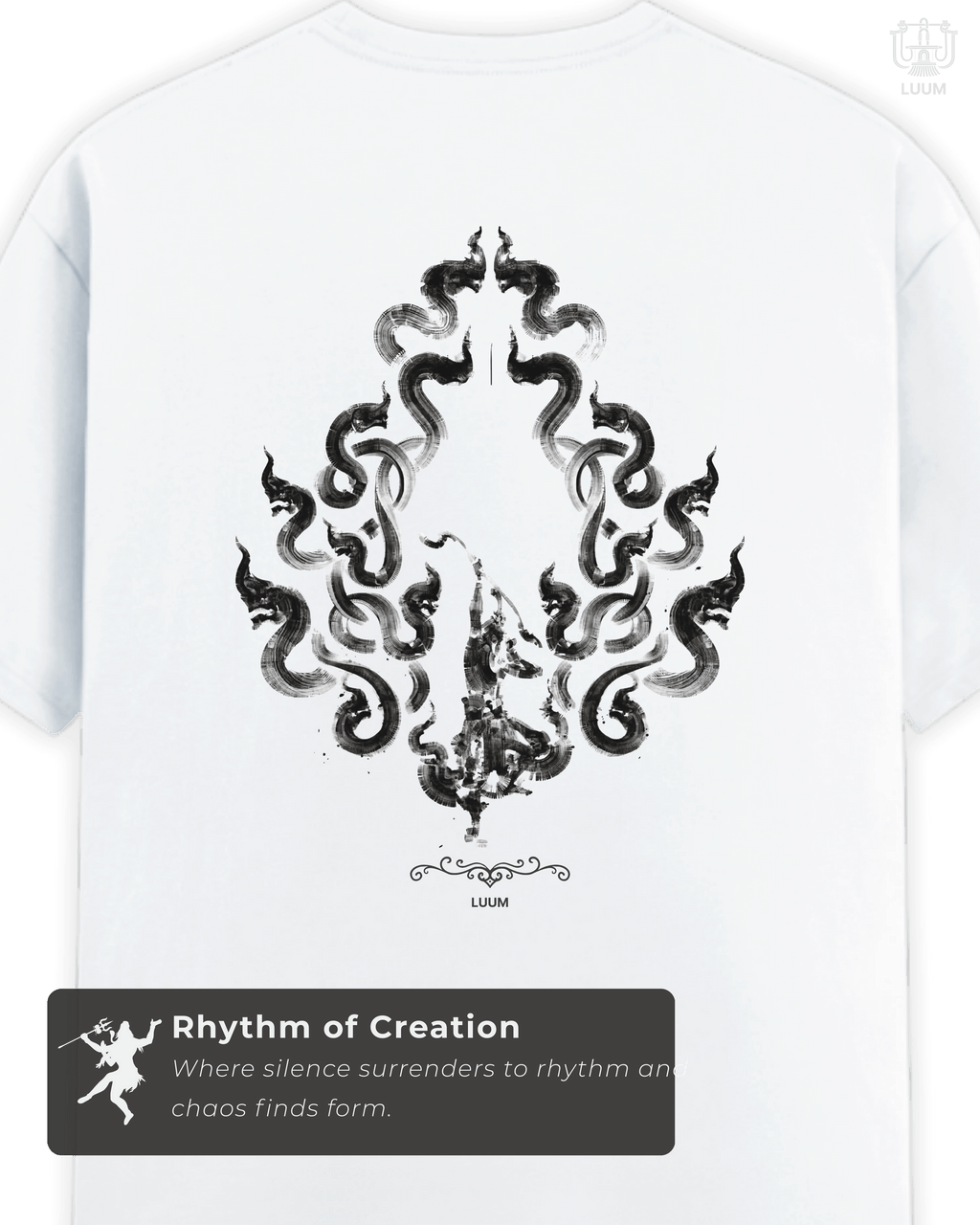Back view of white LUUM's Tandav t-shirt, crafted with clean minimal design in premium cotton. Showcasing the eternal dance. Part of Threadmark Collection. Belief. Woven and Worn.