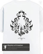 Back view of white LUUM's Tandav t-shirt, crafted with clean minimal design in premium cotton. Showcasing the eternal dance. Part of Threadmark Collection. Belief. Woven and Worn.