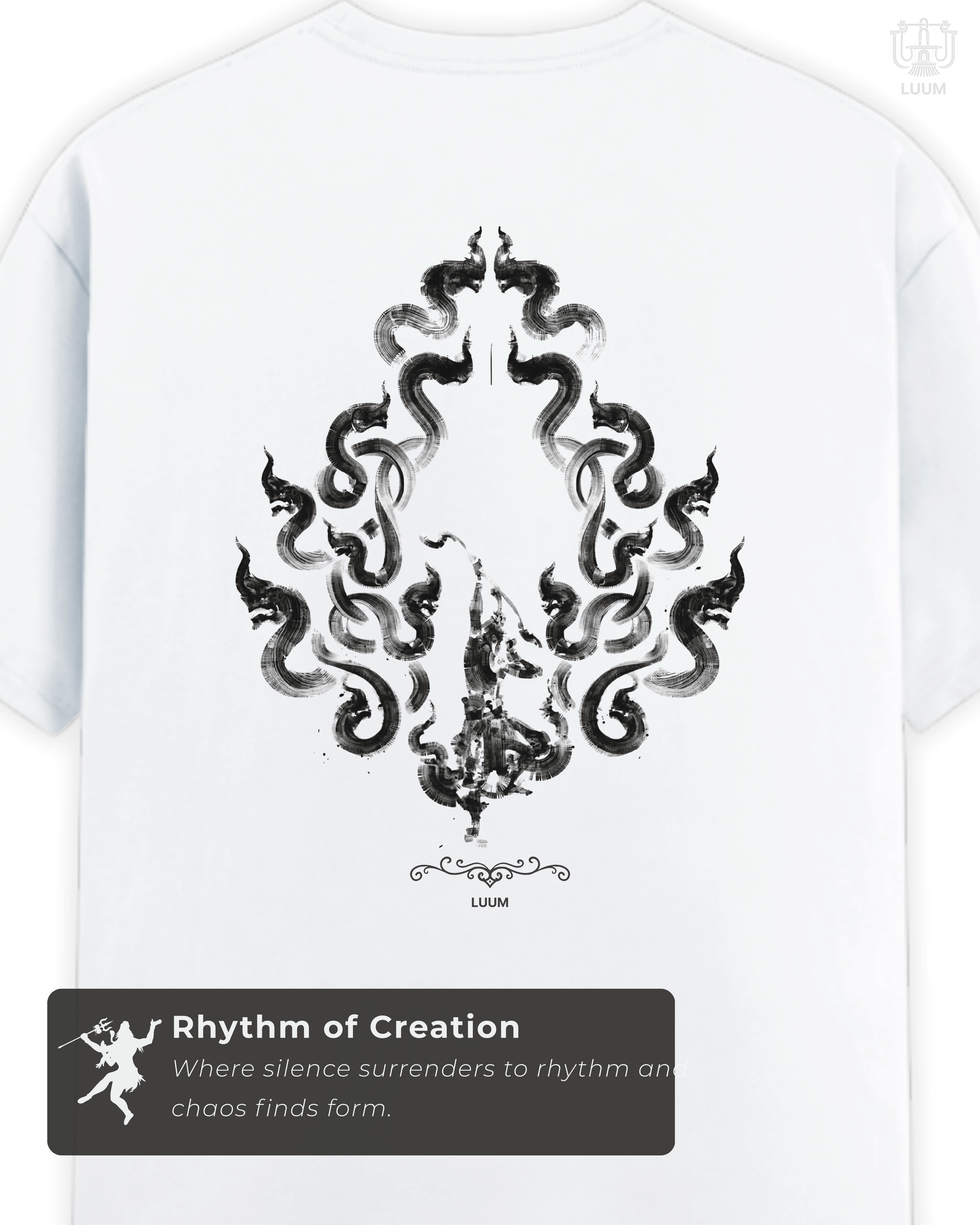 Back view of white LUUM's Tandav t-shirt, crafted with clean minimal design in premium cotton. Showcasing the eternal dance. Part of Threadmark Collection. Belief. Woven and Worn.
