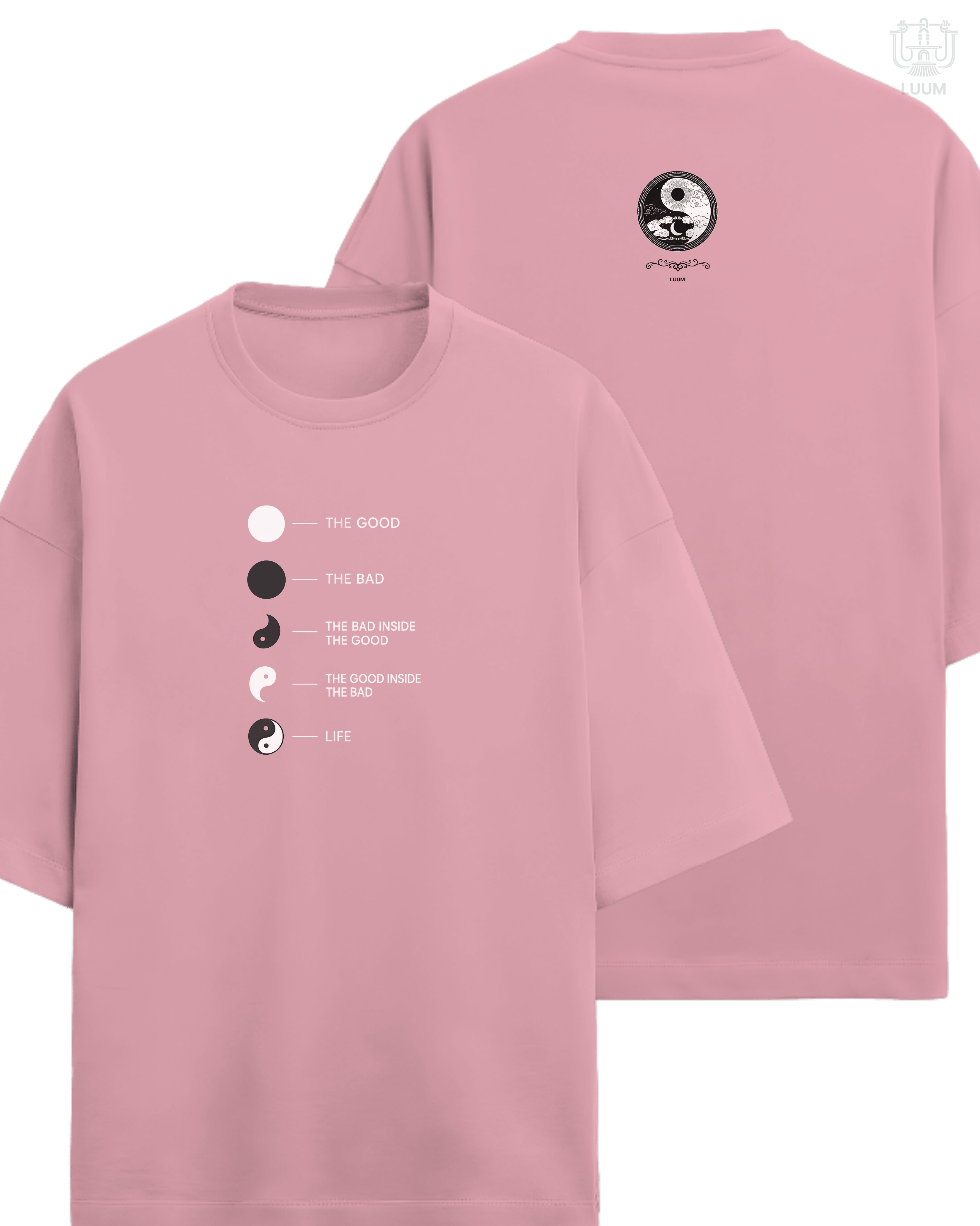 Flamingo pink LUUM's Yin Yang oversized t-shirt, 260 GSM French Terry, carrying balance in bold style. Part of Threadmark Collection. Belief. Woven and Worn.