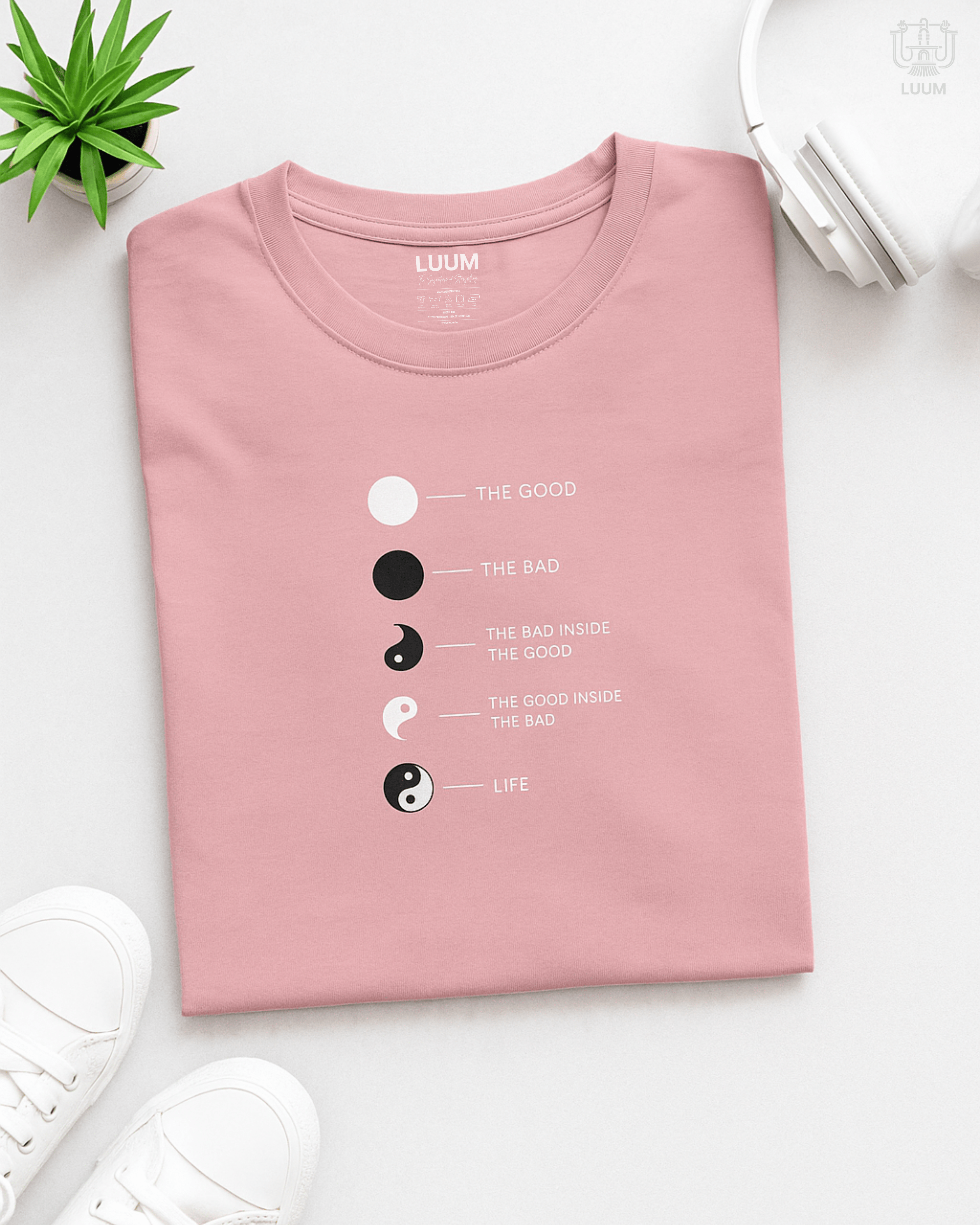 LUUM's Yin Yang t-shirt in Flamingo pink, 180 GSM Supima cotton regular fit—soft and balanced design of Threadmark.