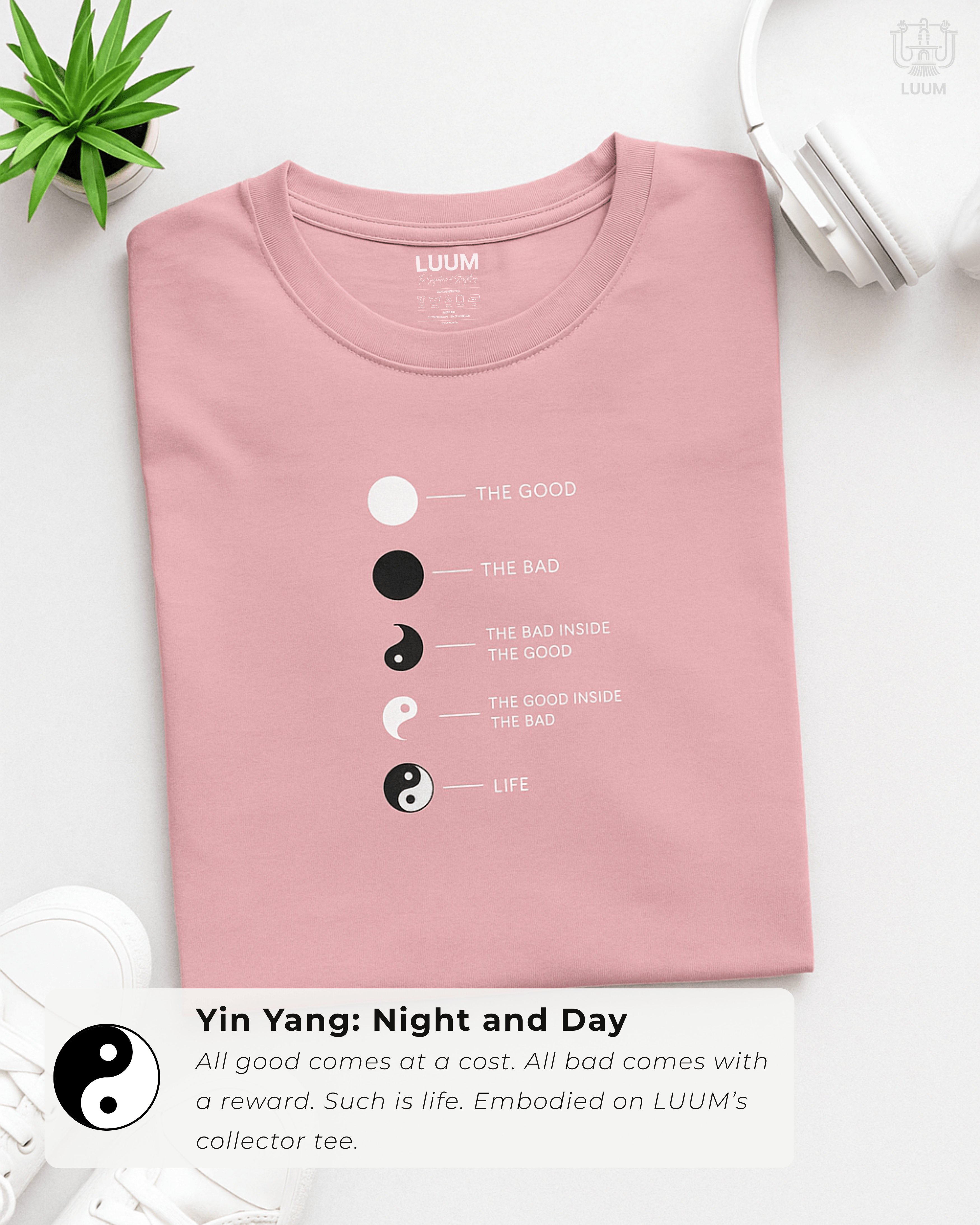 LUUM's Folded Yin Yang t-shirt with balance graphic showing the journey from good to bad, light to dark. True to Threadmark. Belief. Woven and Worn.