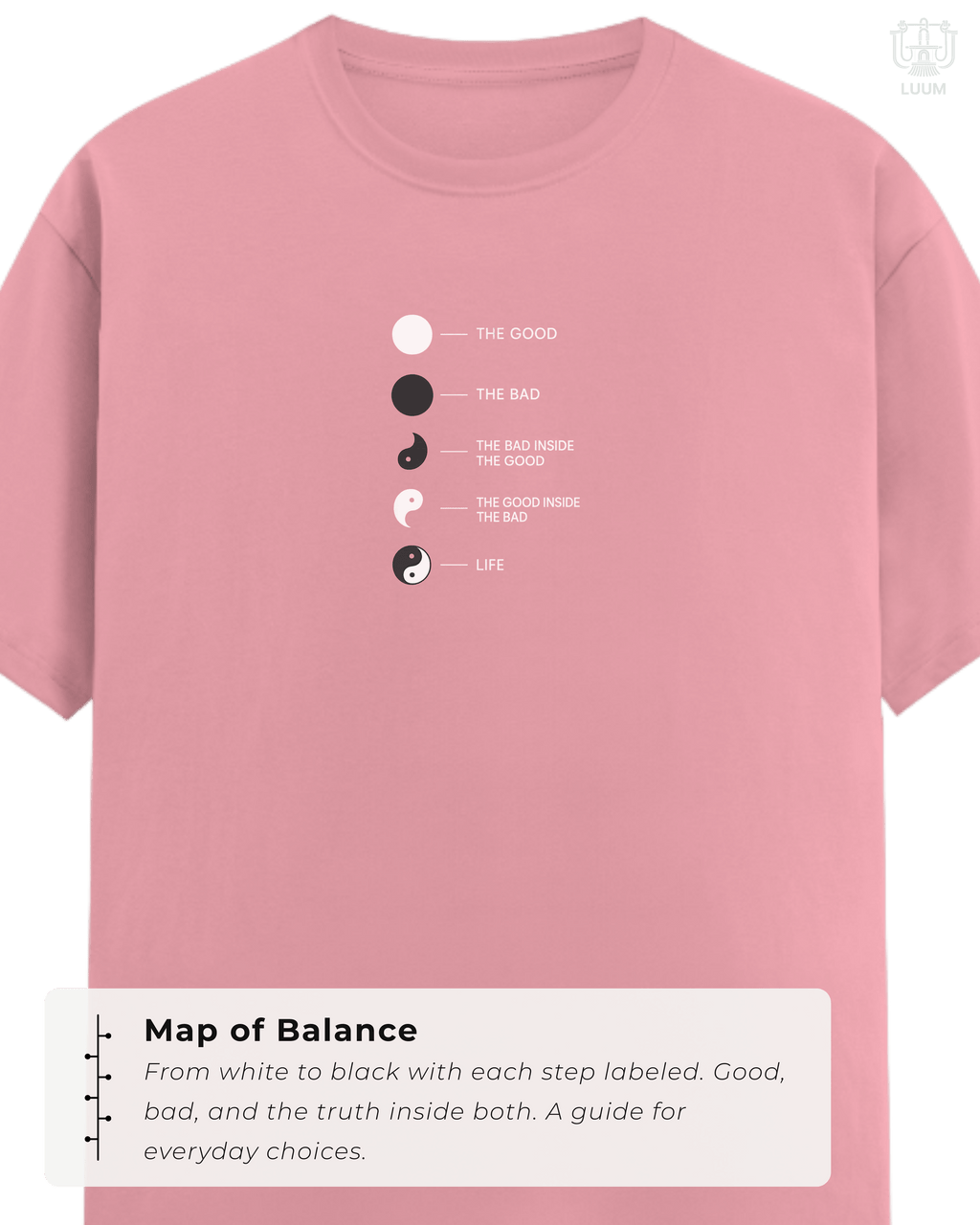 Close-up of LUUM's Yin Yang front print illustrating harmony between opposites—good, bad, and life in balance. True to Threadmark. Belief. Woven and Worn.