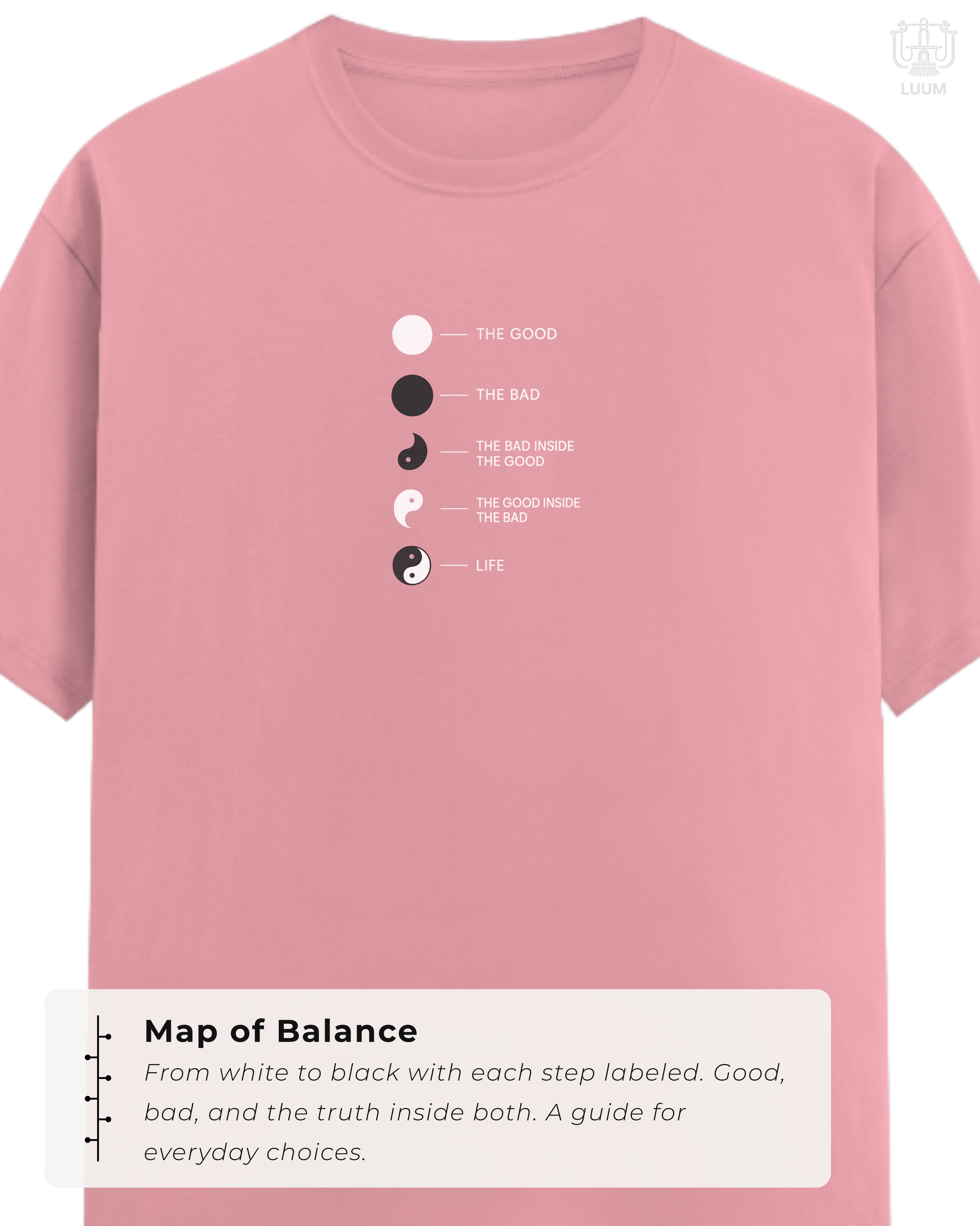 Close-up of LUUM's Yin Yang front print illustrating harmony between opposites—good, bad, and life in balance. True to Threadmark. Belief. Woven and Worn.