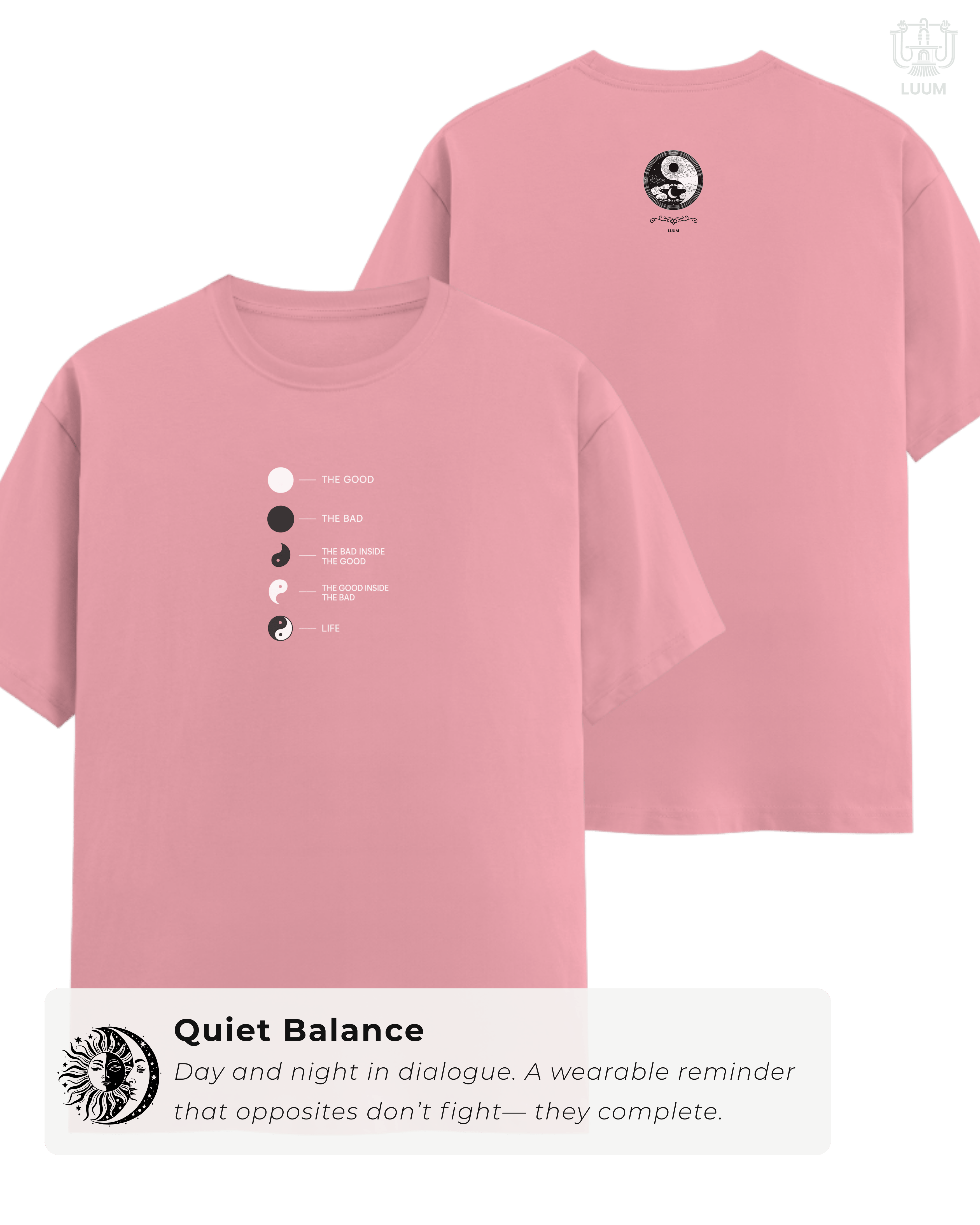 Hero shot of LUUM's Yin Yang: Night and Day tee capturing the philosophy of balance in wearable design. True to Threadmark. Belief. Woven and Worn.