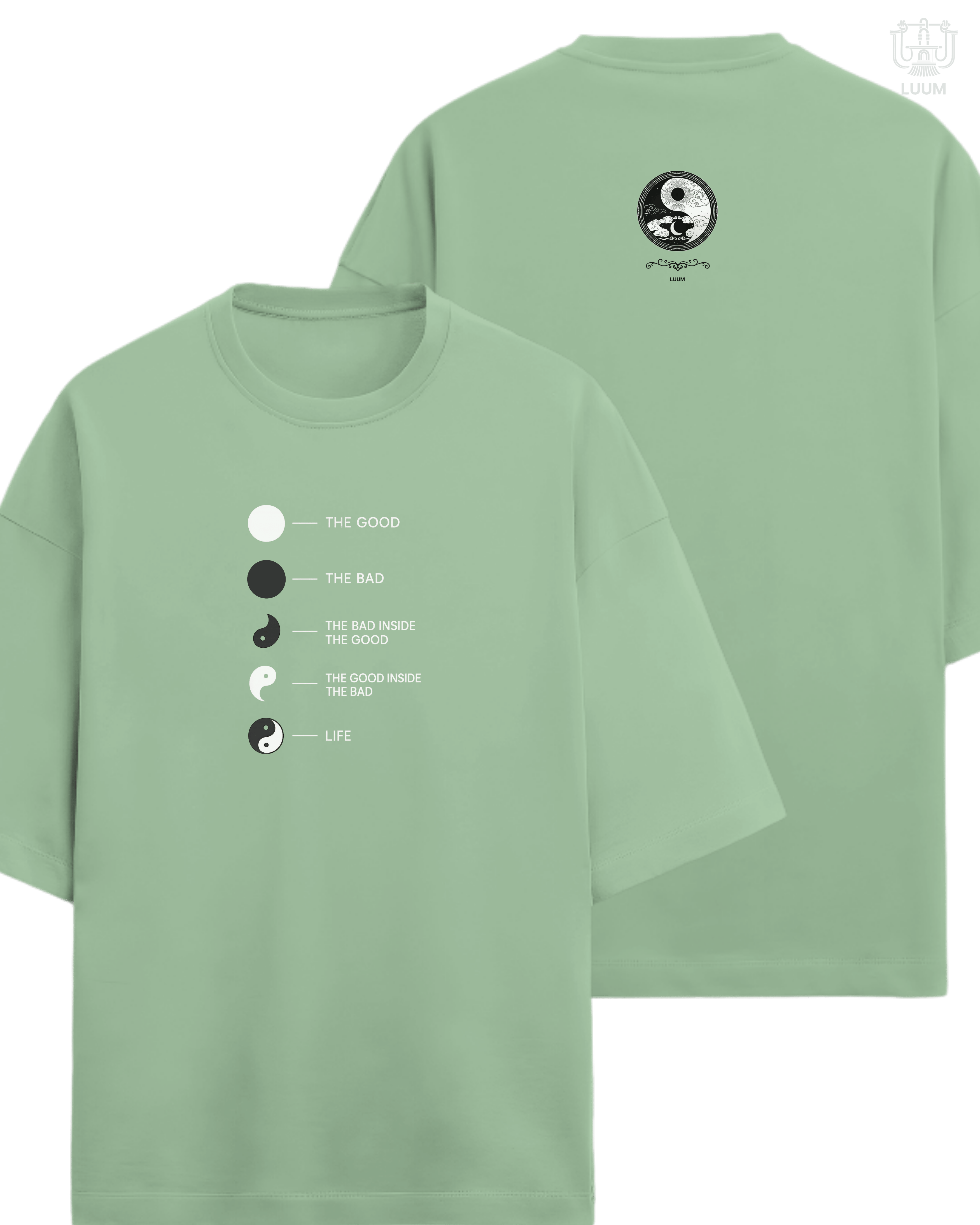 Jade green LUUM's Yin Yang oversized t-shirt in 260 GSM French Terry—where clarity meets comfort. Part of Threadmark Collection. Belief. Woven and Worn.