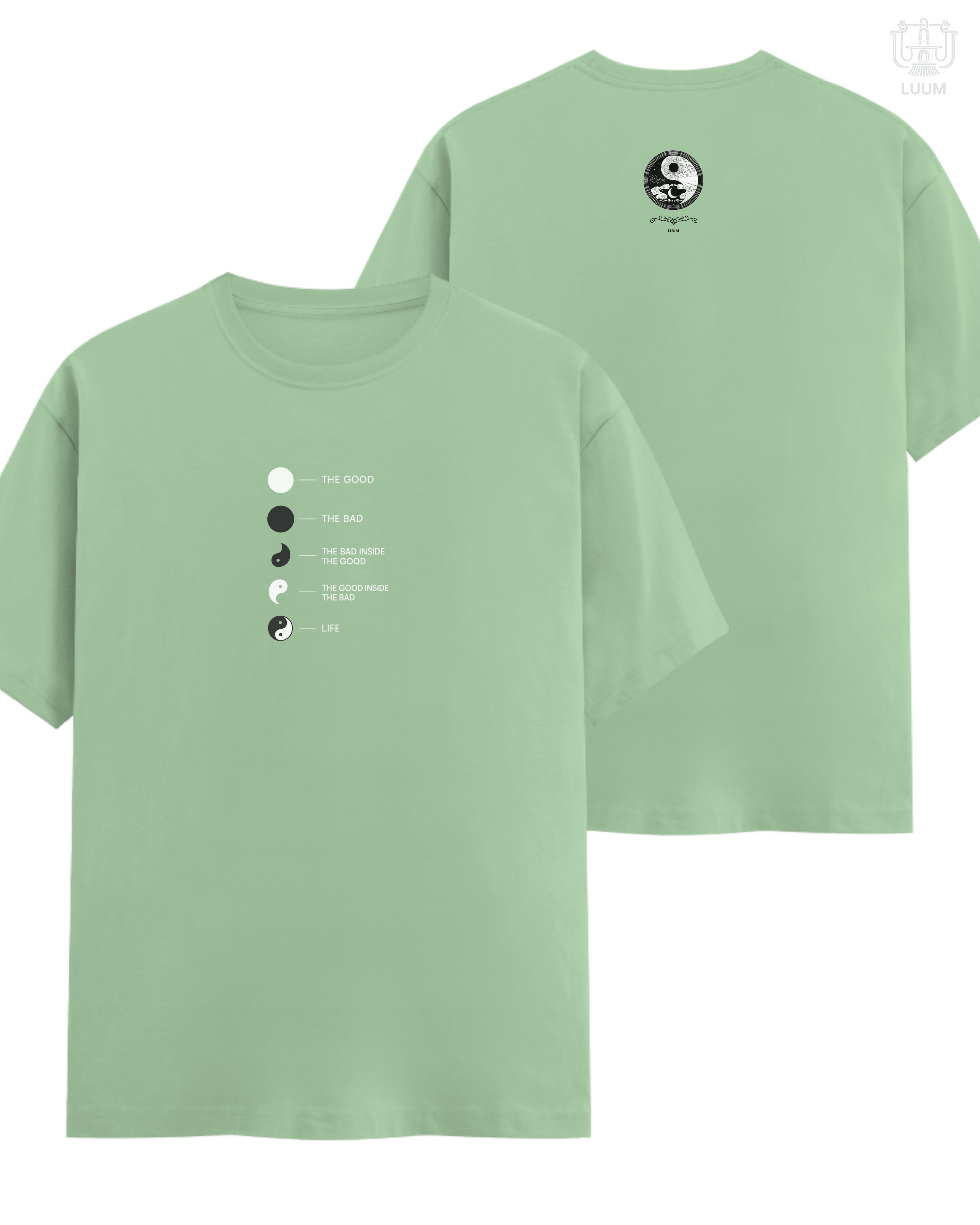 LUUM's Yin Yang tee in Jade green, 180 GSM Supima cotton regular fit—minimalist design with deep symbolism. True to Threadmark. Belief. Woven and Worn.