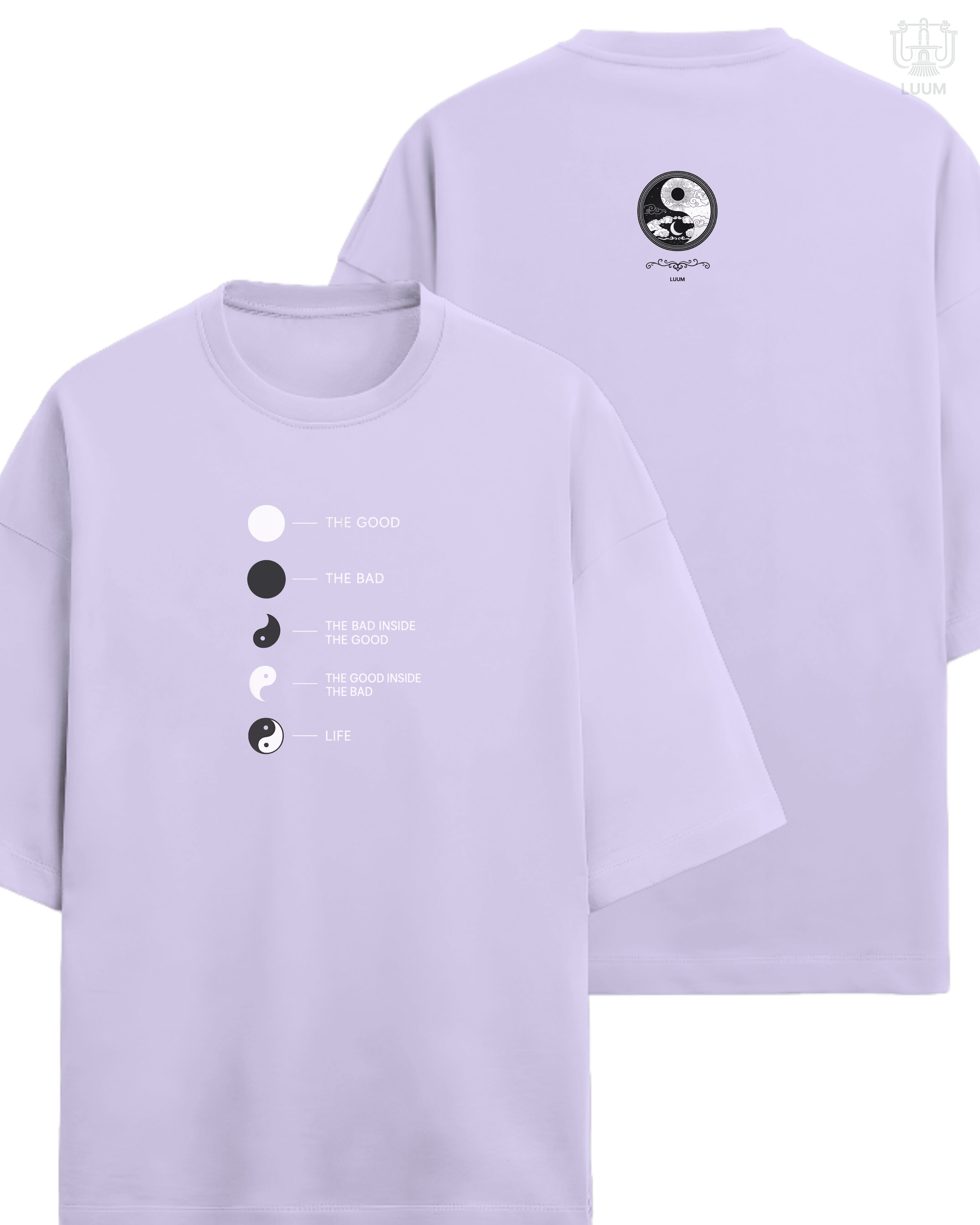 Lavender purple oversized LUUM's Yin Yang t-shirt, 260 GSM French Terry—night and day stitched in fabric. Part of Threadmark Collection. Belief. Woven and Worn.