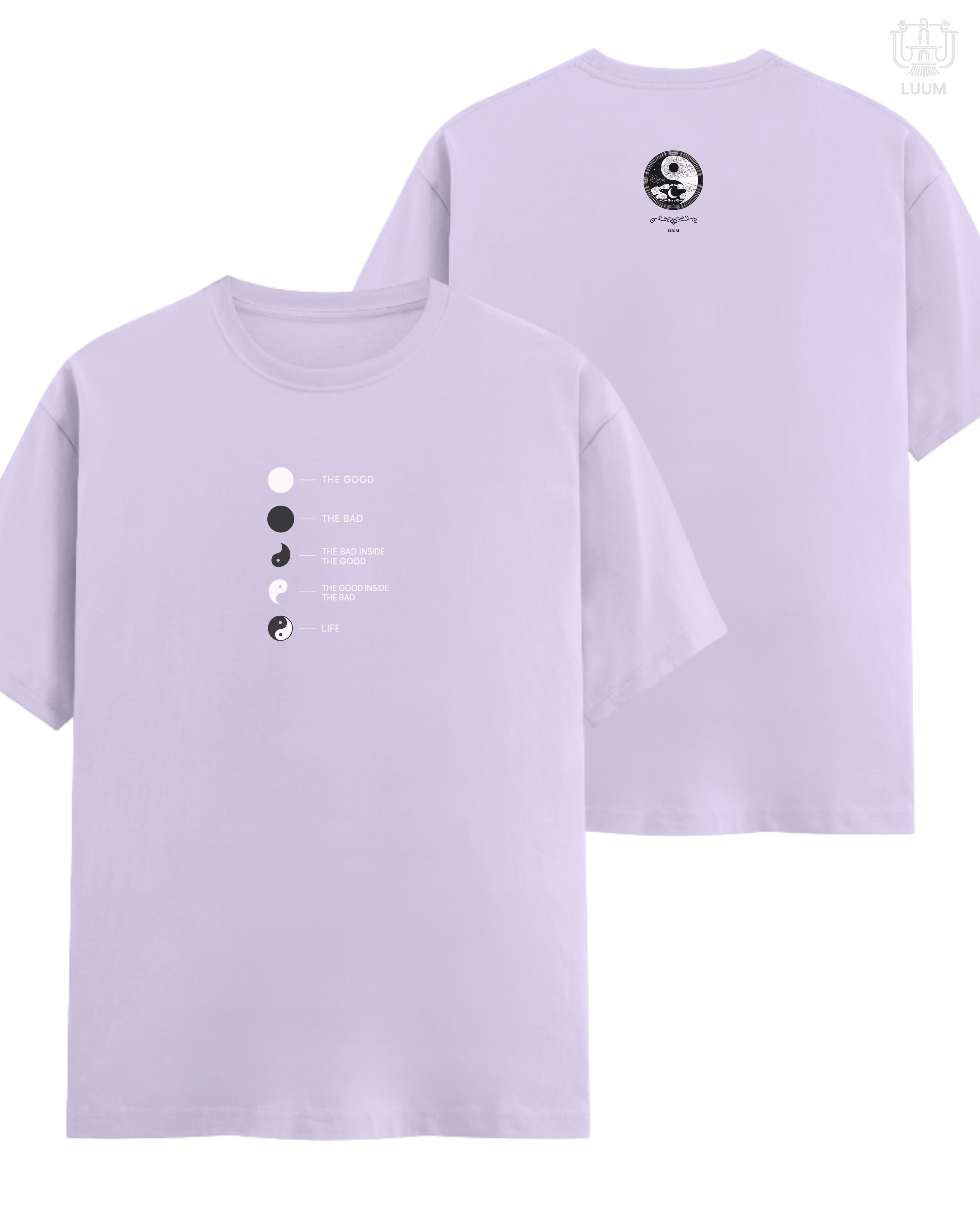 LUUM's Yin Yang tee in Lavender purple, 180 GSM Supima cotton regular fit—soft balance in pastel tone. Part of Threadmark Collection. Belief. Woven and Worn.