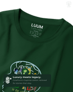 A setailed view of the DTG front print on LUUM's forest green Supima cotton, highlighting texture, print clarity, and vivid character art. Every Emotion Counts.  Part of Threadmark Collection. Belief. Woven and Worn.