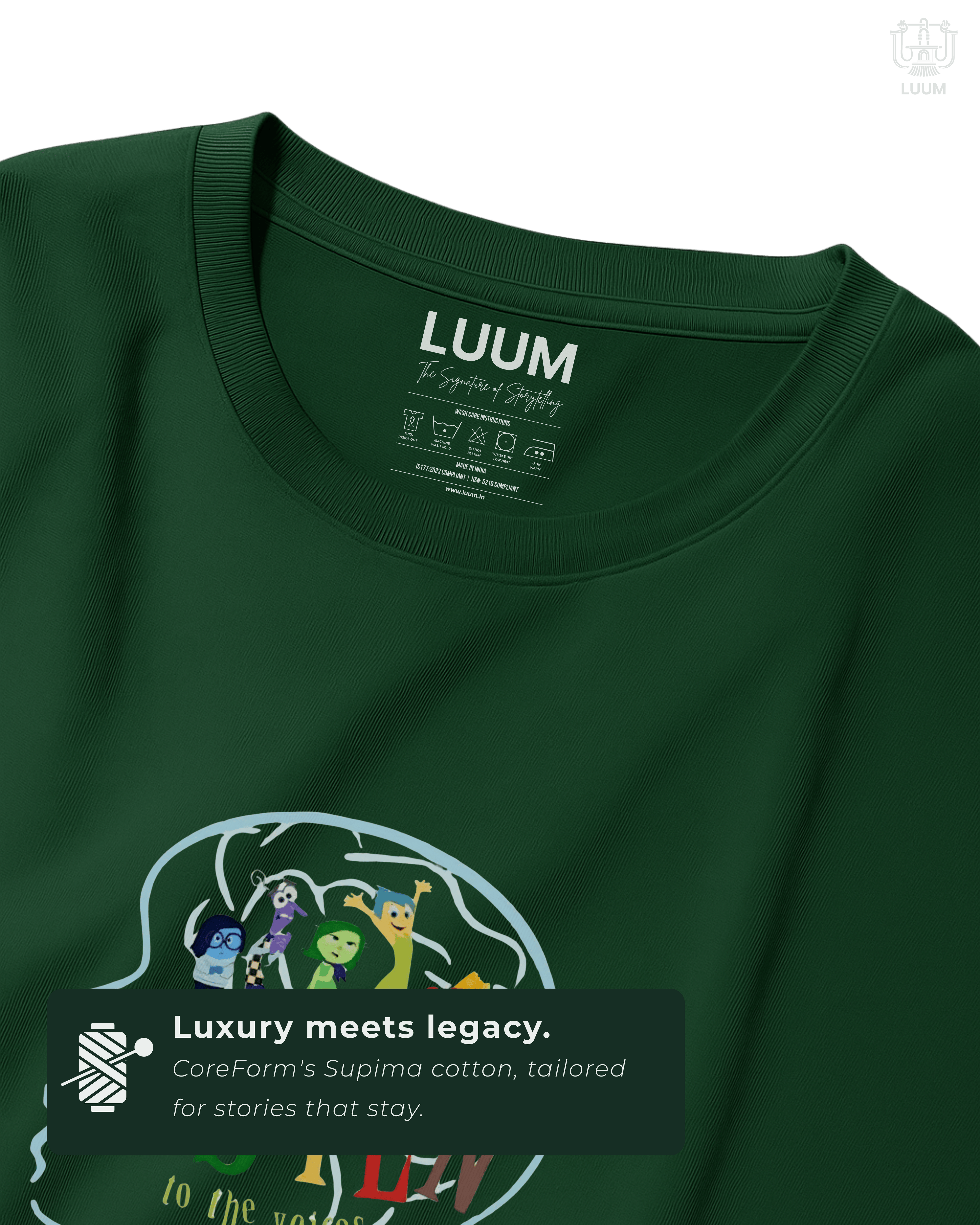 A setailed view of the DTG front print on LUUM's forest green Supima cotton, highlighting texture, print clarity, and vivid character art. Every Emotion Counts.  Part of Threadmark Collection. Belief. Woven and Worn.