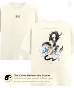 Full front and back view of LUUM’s Dreamer and the Doer t-shirt in off-white Supima cotton, with dragon and tiger artwork. Part of Threadmark Collection. Belief. Woven and Worn.