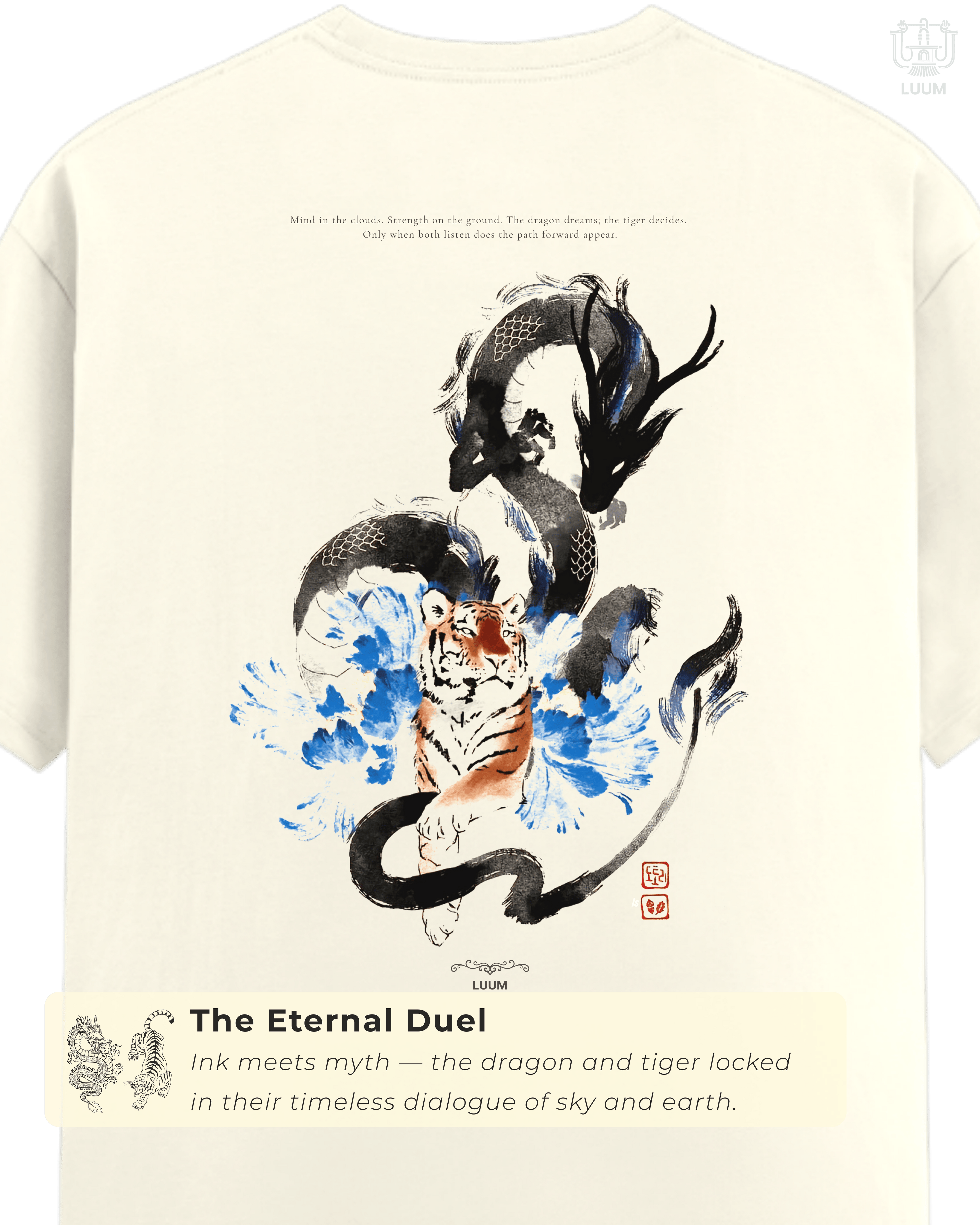 Back view of LUUM’s off-white Dreamer and the Doer t-shirt, featuring dragon and tiger ink illustration. Part of Threadmark Collection. Belief. Woven and Worn.