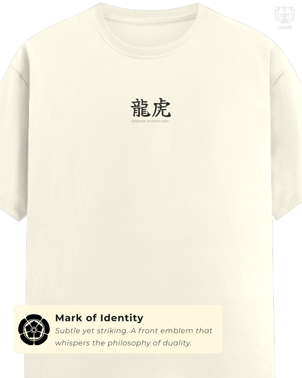 Front view of LUUM’s Dreamer and the Doer Supima cotton t-shirt showing minimal chest emblem. Part of Threadmark Collection. Belief. Woven and Worn.