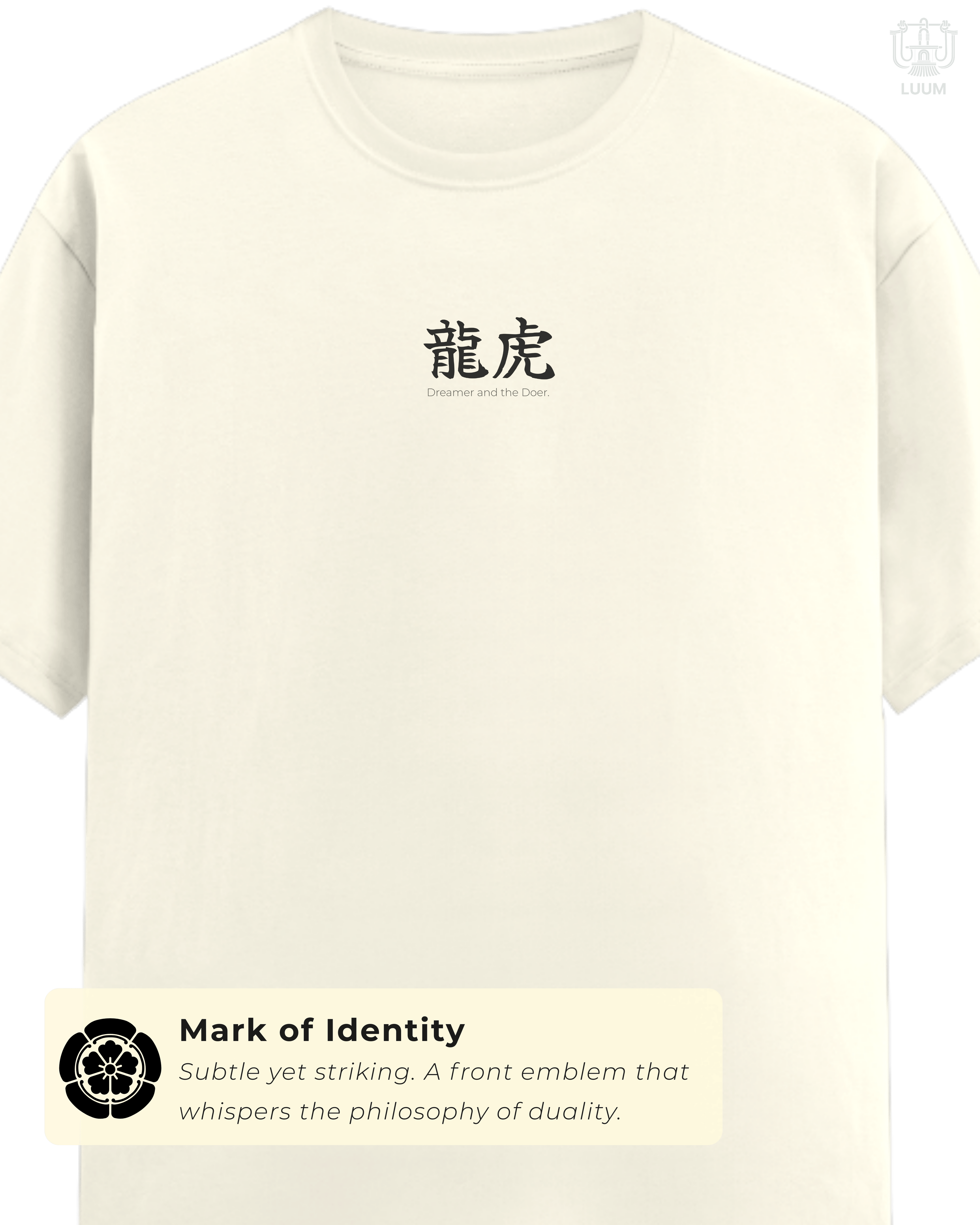 Front view of LUUM’s Dreamer and the Doer Supima cotton t-shirt showing minimal chest emblem. Part of Threadmark Collection. Belief. Woven and Worn.