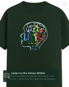 Detailed view of the DTG front print on LUUM's forest green Supima cotton, highlighting texture, print clarity, and vivid character art. Every Emotion Counts. Part of Threadmark Collection. Belief. Woven and Worn.