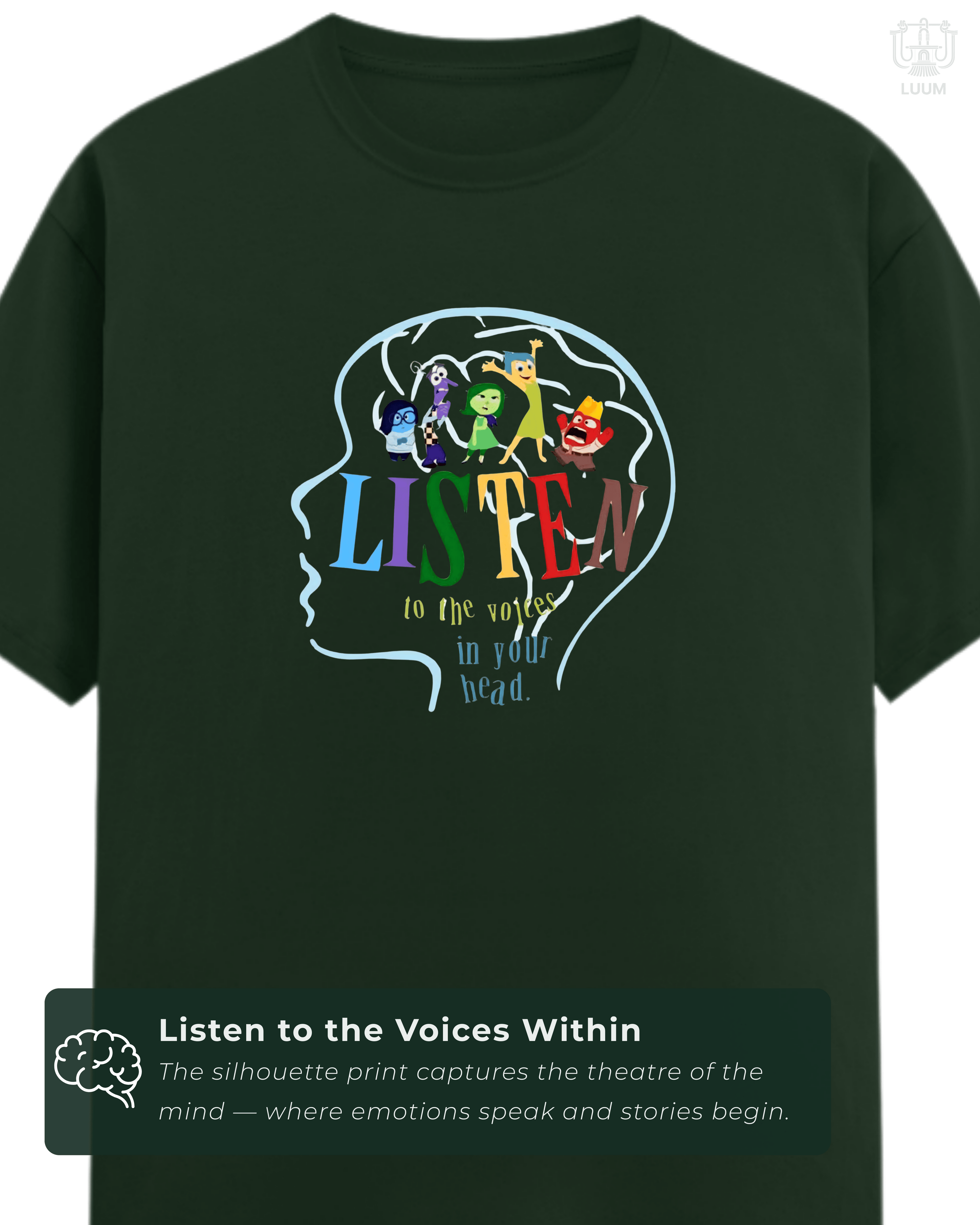 Detailed view of the DTG front print on LUUM's forest green Supima cotton, highlighting texture, print clarity, and vivid character art. Every Emotion Counts. Part of Threadmark Collection. Belief. Woven and Worn.
