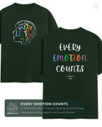 Front view of LUUMS "Every Emotion Counts" t-shirt in forest green, featuring Inside Out-style emotions in a head silhouette with "LISTEN" text. Part of Threadmark Collection. Belief. Woven and Worn.
