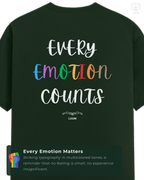 Back view of the t-shirt, showing rainbow-colored LUUM's "Every Emotion Counts" typography on forest green Supima cotton. Part of Threadmark Collection. Belief. Woven and Worn.