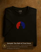 Folded black LUUM's Supima cotton t-shirt featuring the Samyak design — minimalist Buddha silhouette in red and blue, symbol of clarity and stillness. Part of Threadmark Collection. Belief. Woven and Worn.