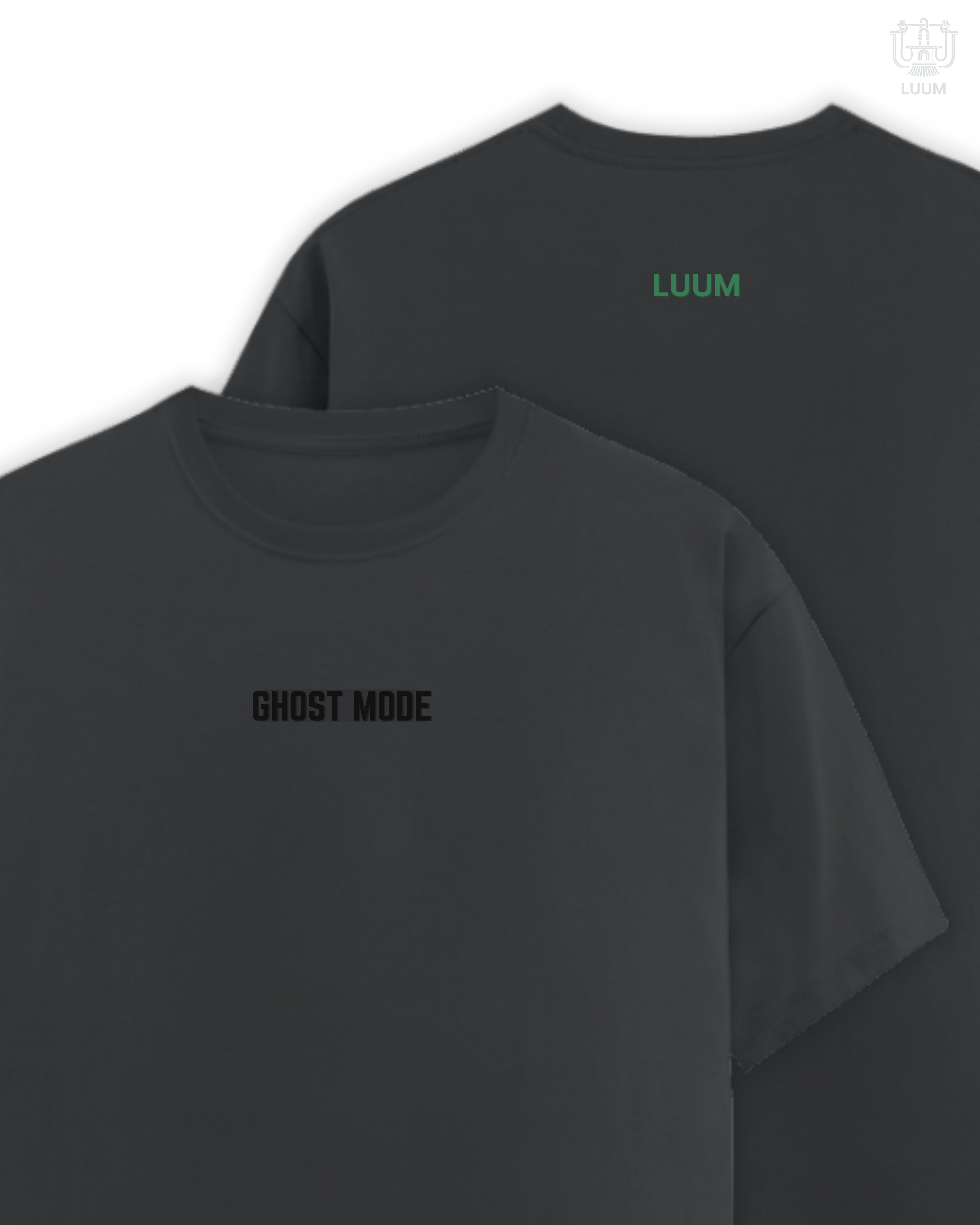 LUUM's Ghost Mode T-Shirt in Iron Fade – minimalist tonal front and back embroidery. Part of Threadmark Collection. Belief. Woven and Worn.