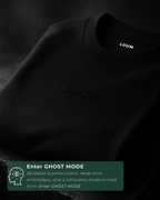 Folded cinematic shot of LUUM's black Ghost Mode tee with embroidered text visible. Part of Threadmark Collection. Belief. Woven and Worn.