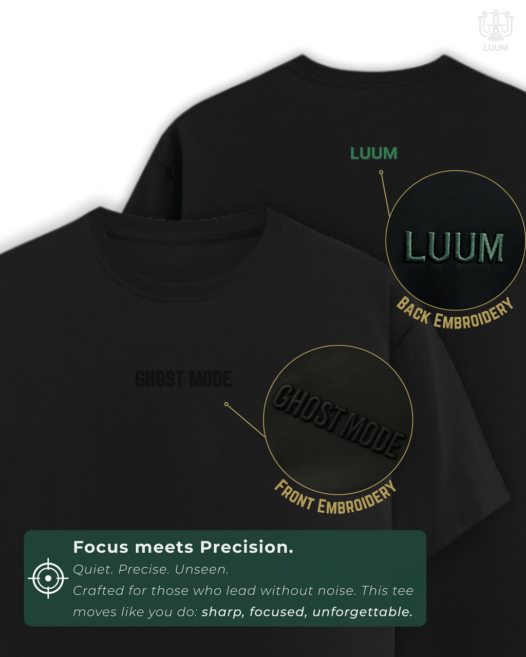 LUUM's Ghost Mode T-Shirt in black – hero front and back embroidered view.  Part of Threadmark Collection. Belief. Woven and Worn.