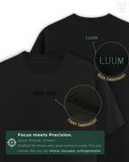 LUUM's Ghost Mode T-Shirt in black – hero front and back embroidered view.  Part of Threadmark Collection. Belief. Woven and Worn.
