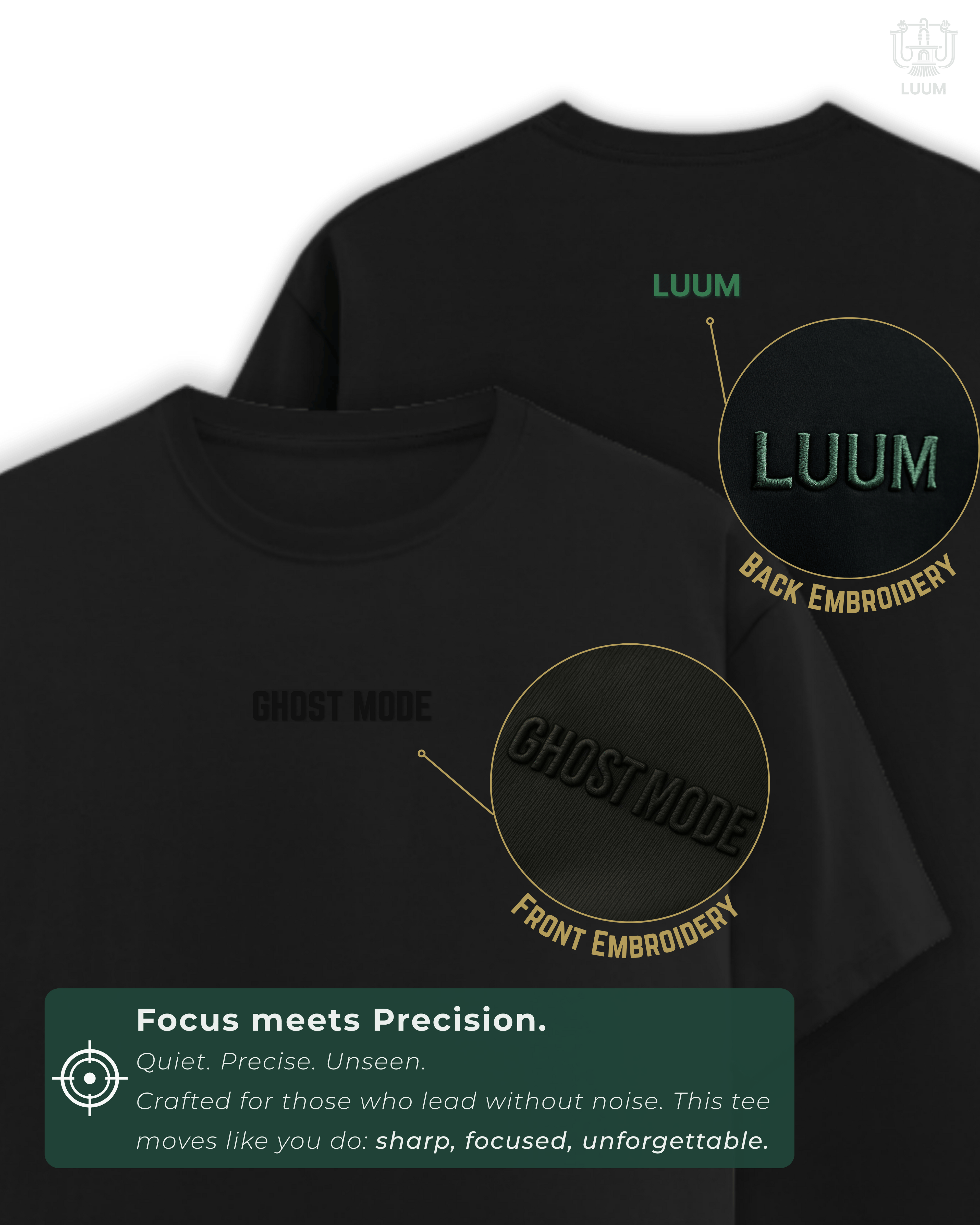 LUUM's Ghost Mode T-Shirt in black – hero front and back embroidered view.  Part of Threadmark Collection. Belief. Woven and Worn.