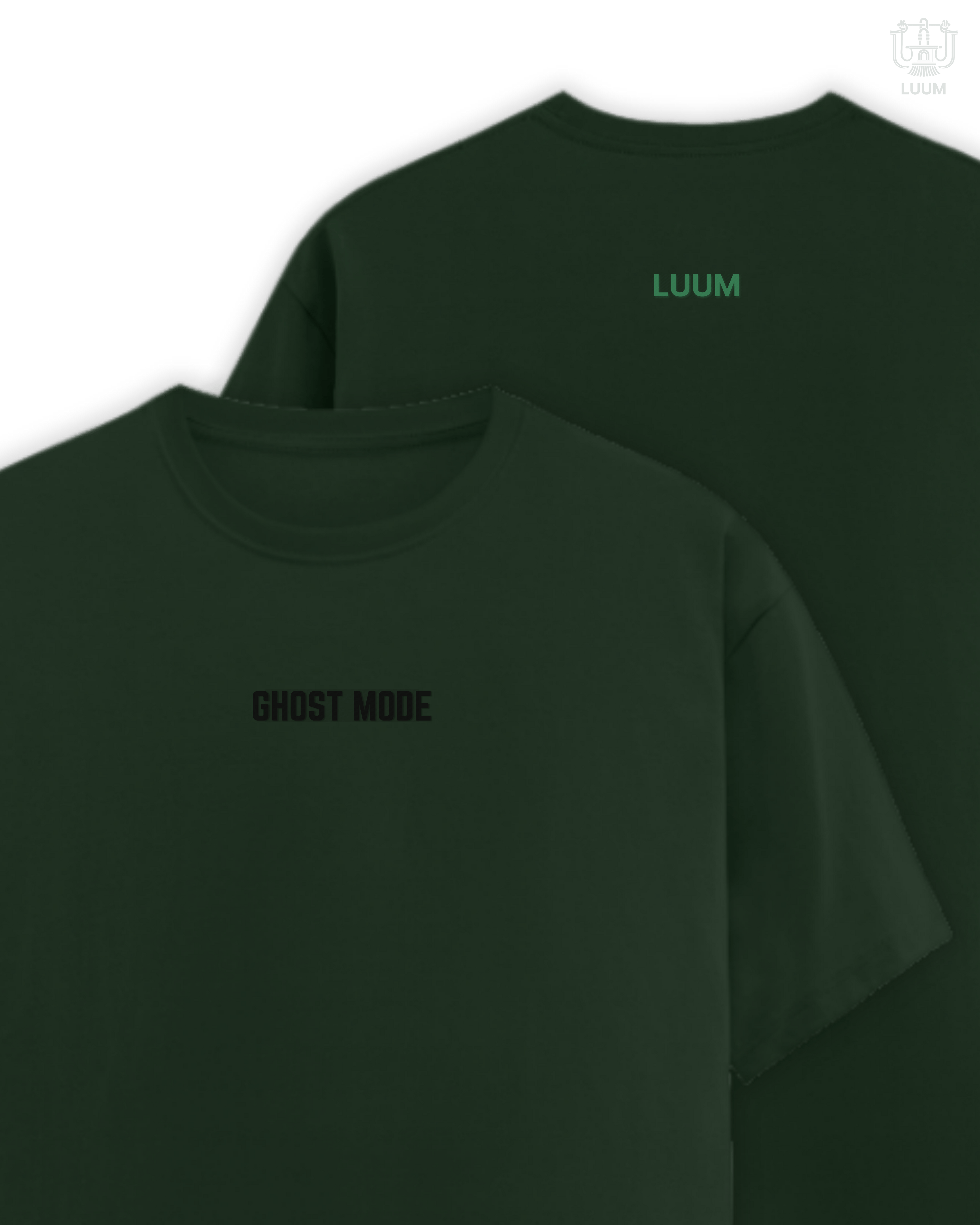LUUM's Ghost Mode T-Shirt in Deep Forest – front and back view with tonal embroidery. Part of Threadmark Collection. Belief. Woven and Worn.