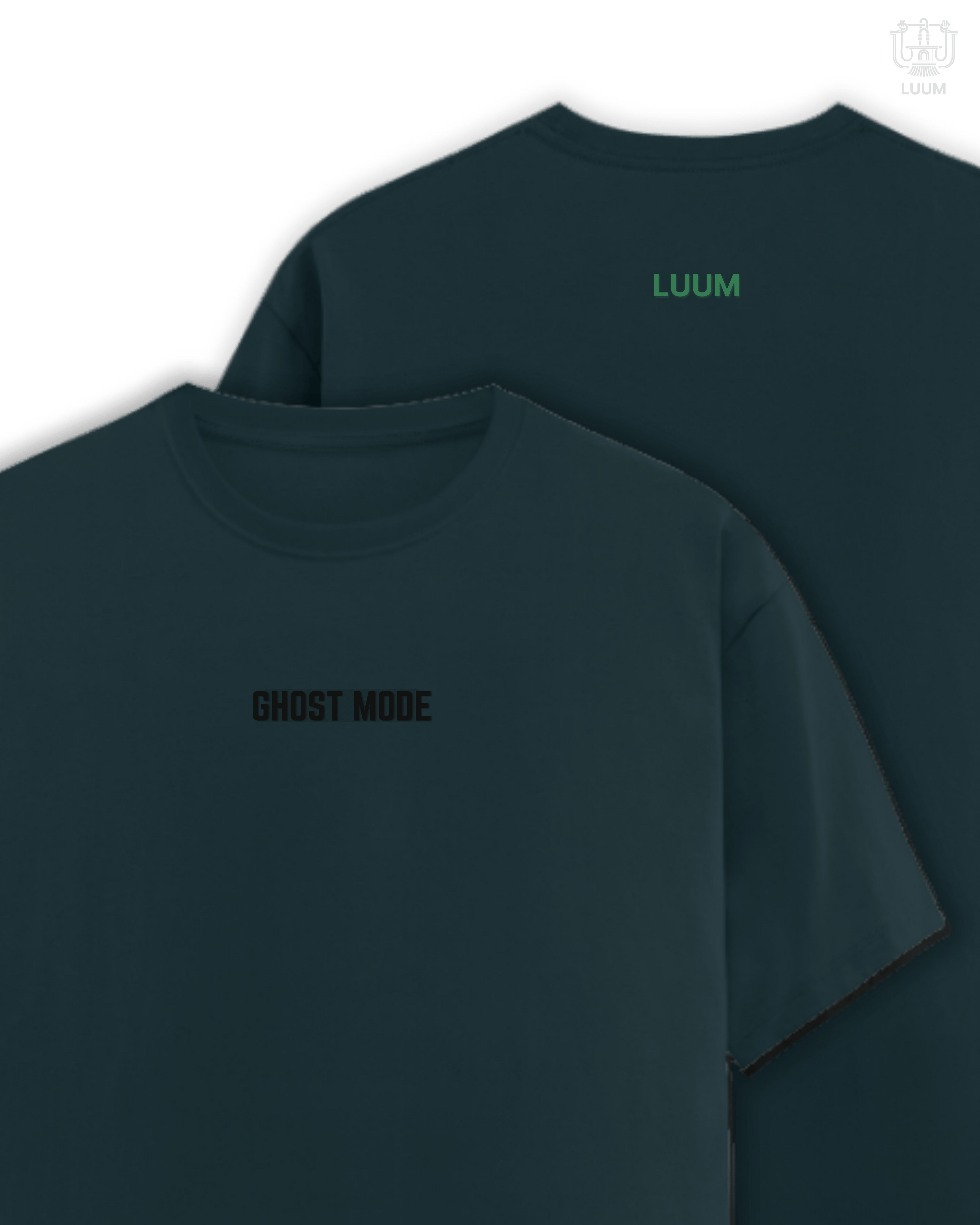 LUUM's Ghost Mode T-Shirt in Petrol Blue – tonal front and back embroidery view.  Part of Threadmark Collection. Belief. Woven and Worn.