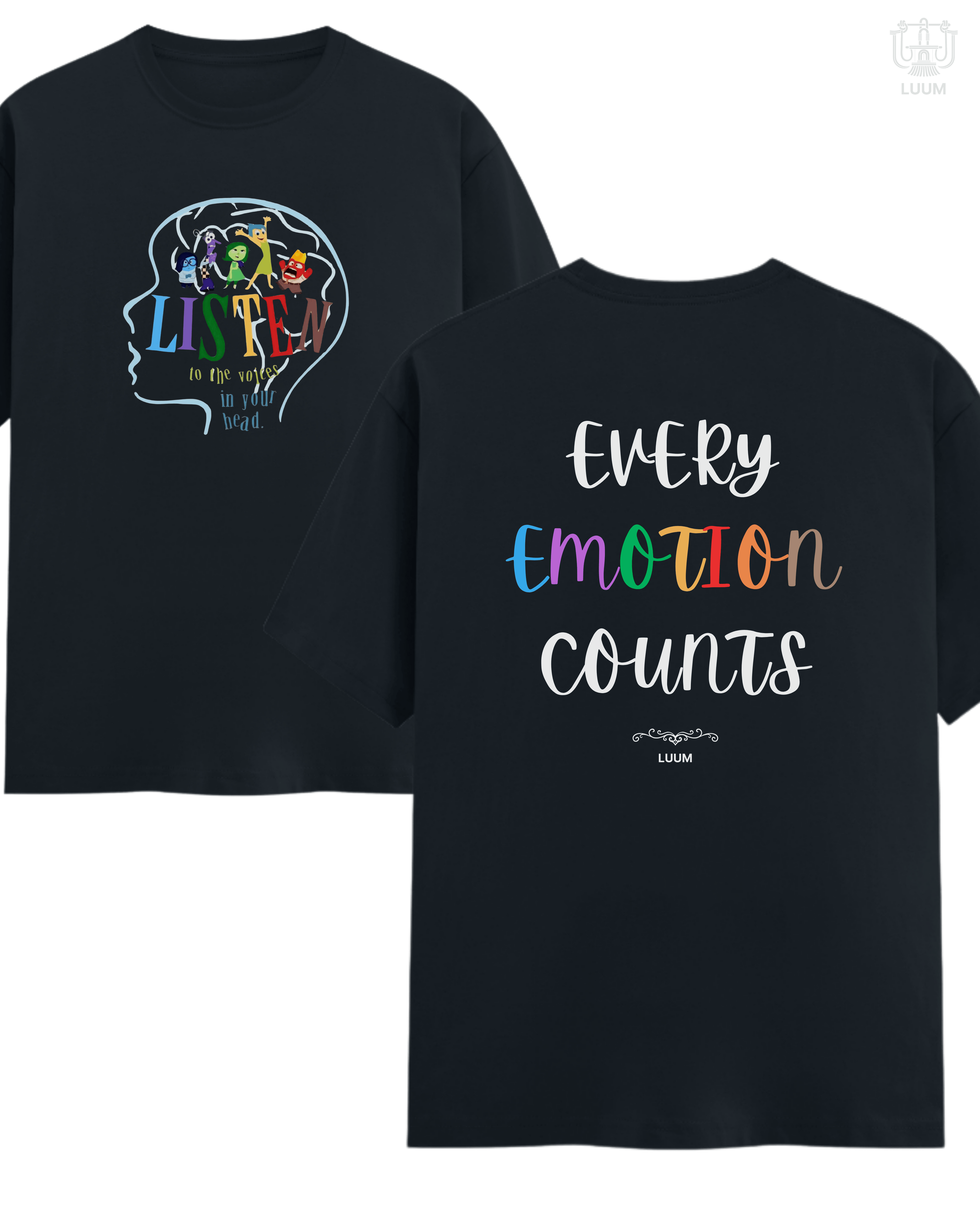 Front view ofLUUM's navy blue variant of Every Emotion Counts with Inside Out-inspired and styled head silhouette and multicolored "LISTEN" typography. Part of Threadmark Collection. Belief. Woven and Worn.