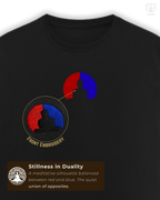 Close-up of the LUUM's embroidered Samyak tee front design — Buddha silhouette in red and blue, representing awareness beyond duality. Part of Threadmark Collection. Belief. Woven and Worn.