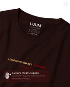 Closeup of LUUM Shramev Jayate T-shirt showing fine SUPIMA cotton / French Terry texture and detailed printwork.  Part of Threadmark Collection. Belief. Woven and Worn.