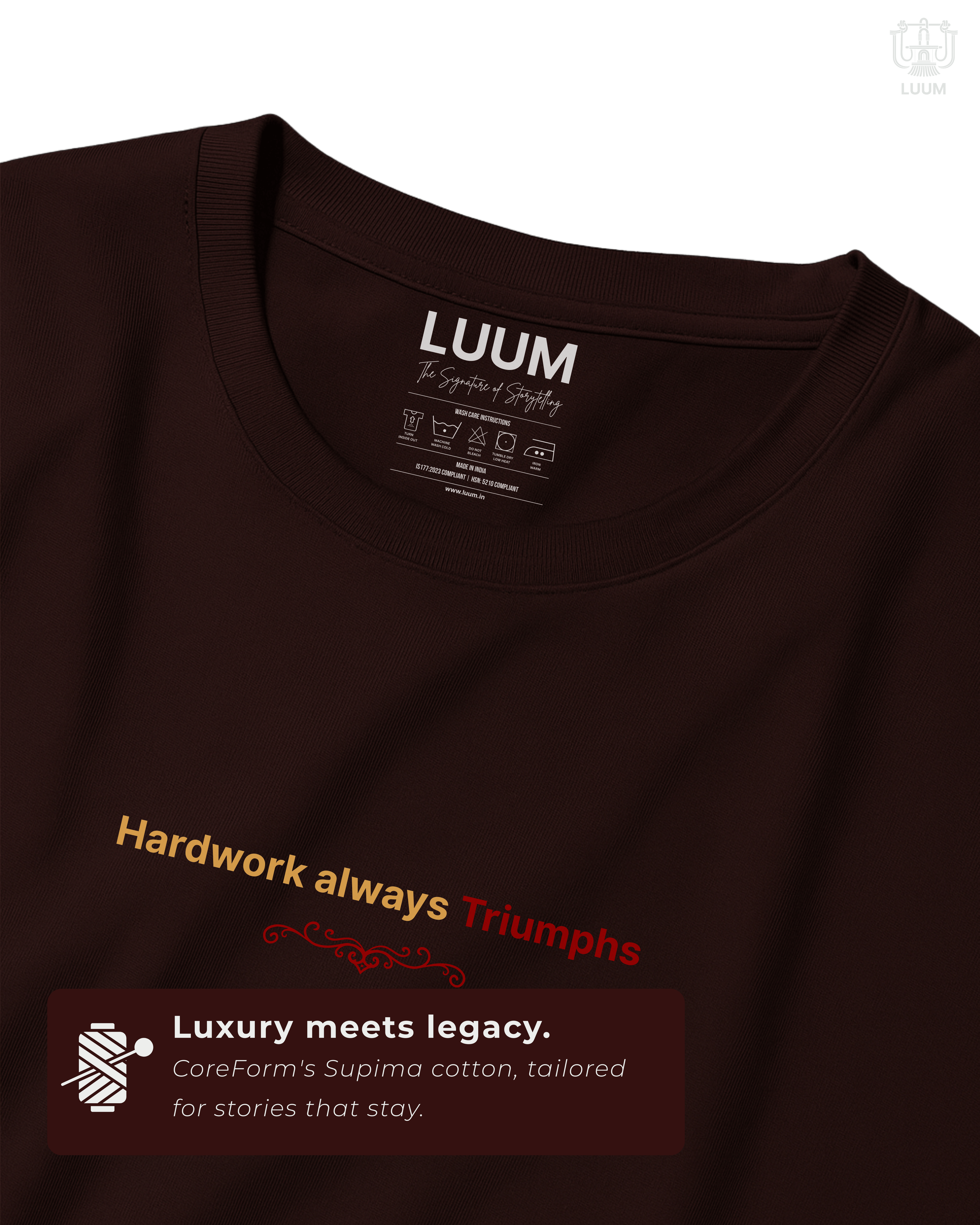 Closeup of LUUM Shramev Jayate T-shirt showing fine SUPIMA cotton / French Terry texture and detailed printwork.  Part of Threadmark Collection. Belief. Woven and Worn.