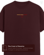 Front view of LUUM Shramev Jayate T-shirt in maroon, featuring minimalist chest text “Hardwork always Triumphs.” Part of Threadmark Collection. Belief. Woven and Worn.