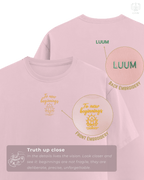LUUM’s To New Beginnings pastel tee, embroidered with lotus and LUUM mark. Part of Threadmark Collection. Belief. Woven and Worn.