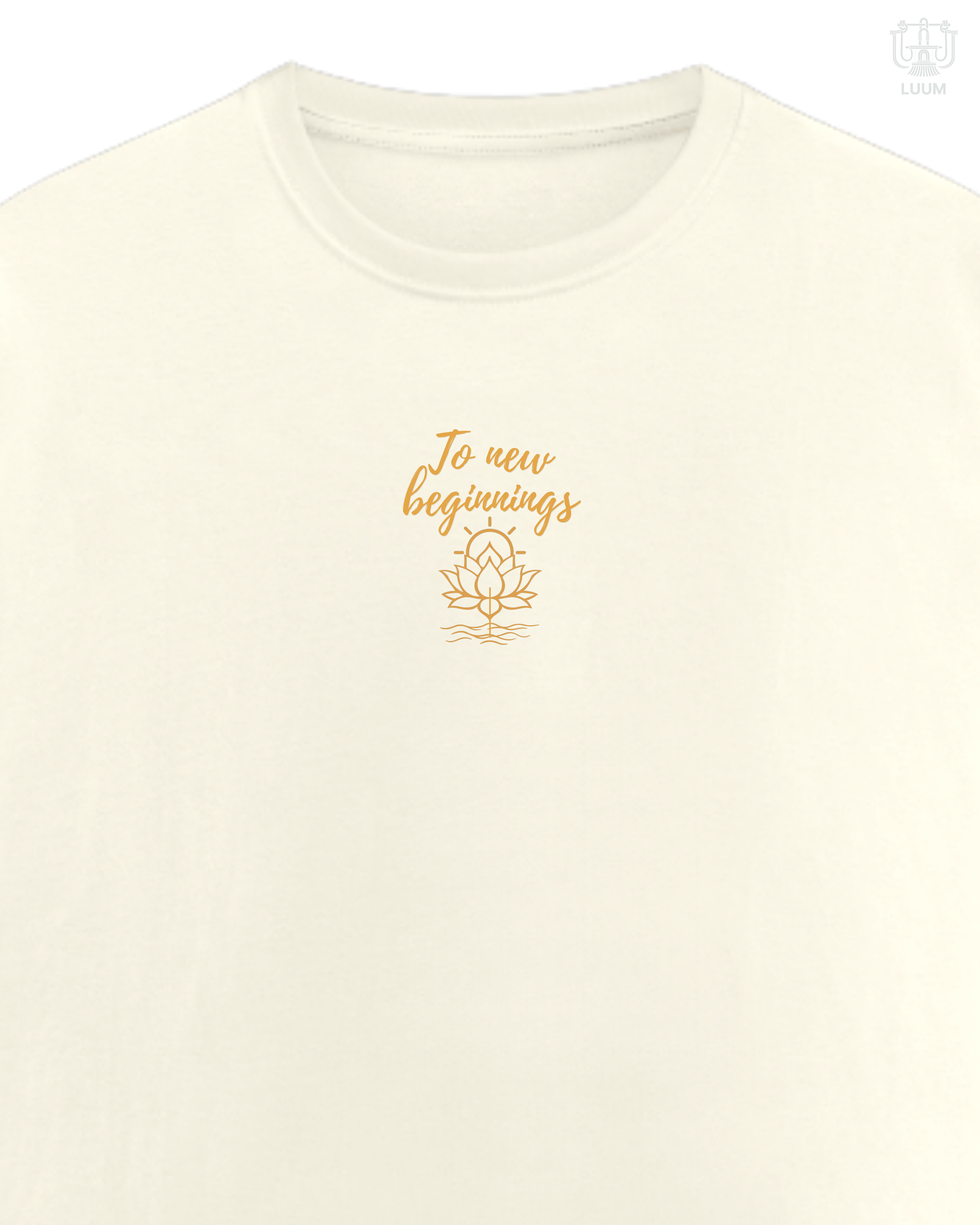 LUUM To New Beginnings embroidered Supima cotton tee in off white with lotus detail. Part of Threadmark Collection. Belief. Woven and Worn.