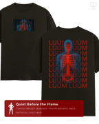 Full view of the Unbroken tee, bold skeleton motif in red and blue against dark fabric. Part of Threadmark Collection. Belief. Woven and Worn.